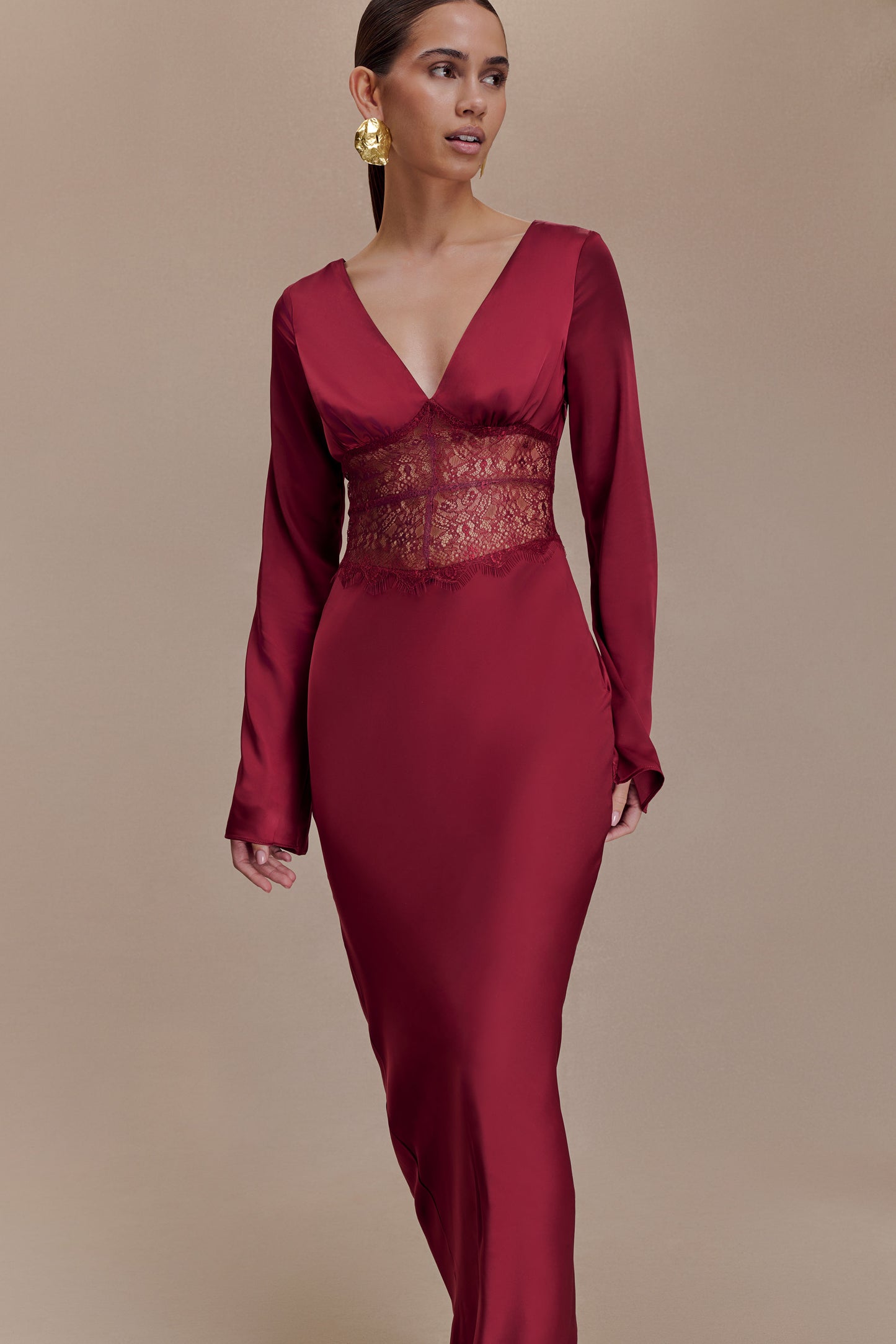 Kaya Long Sleeve Satin And Mesh Maxi Dress - Wine