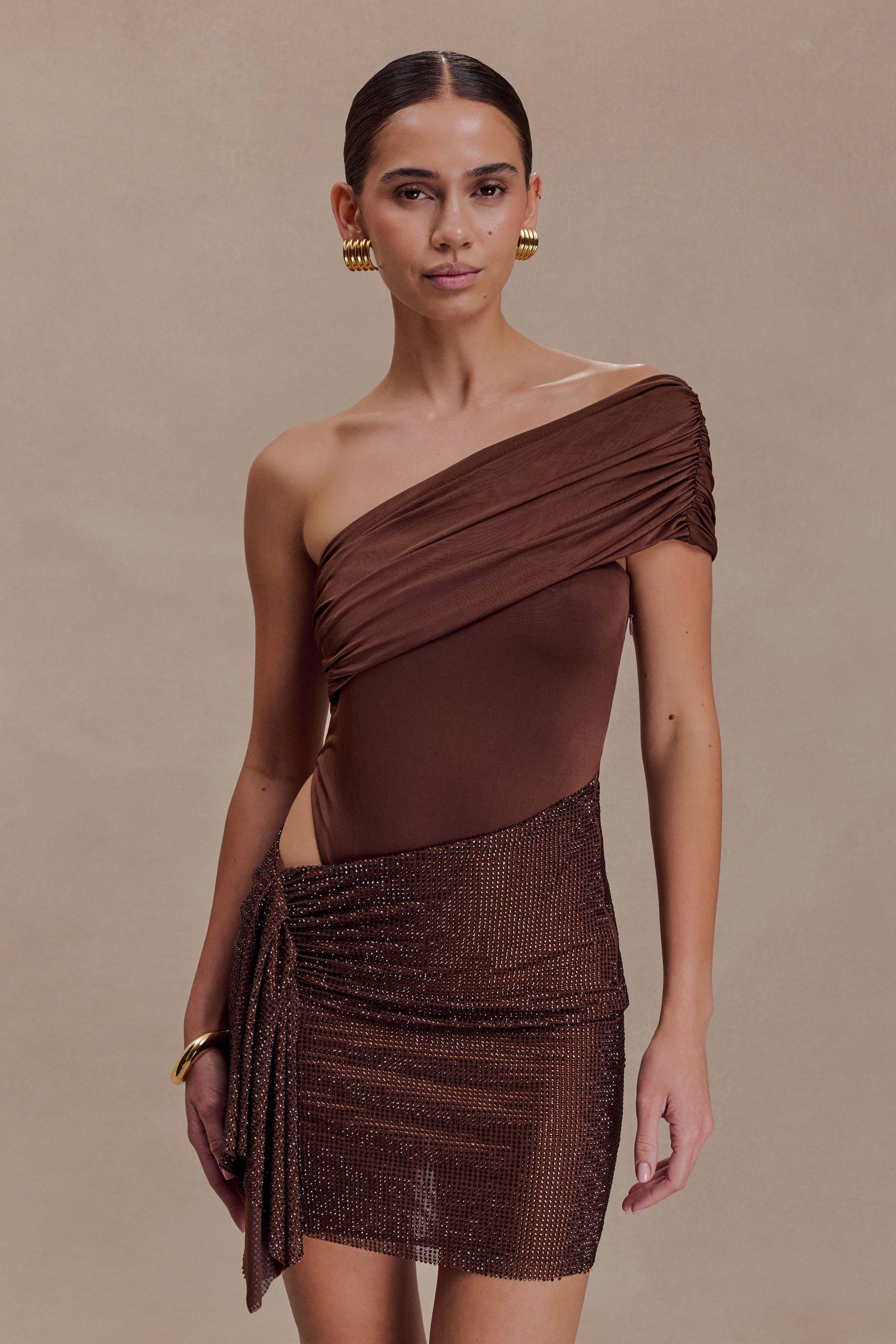 Paisley Slinky And Diamante Mini Dress - Chocolate #6