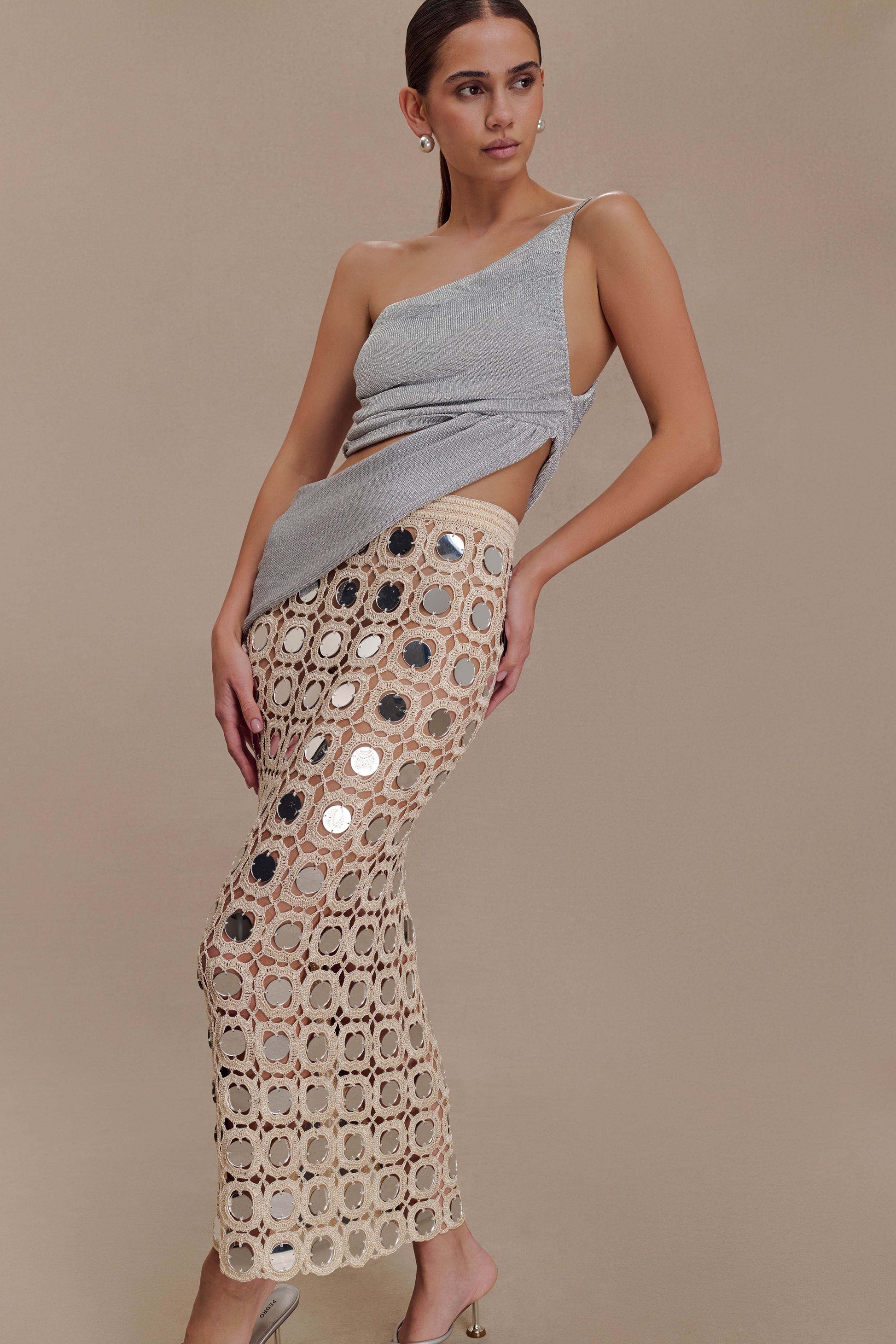 Noel Mirror Knit Midi Skirt - Beige #2