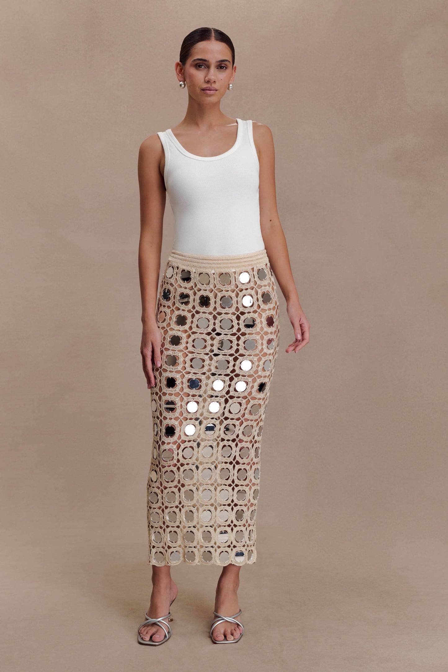 Noel Mirror Knit Midi Skirt - Beige