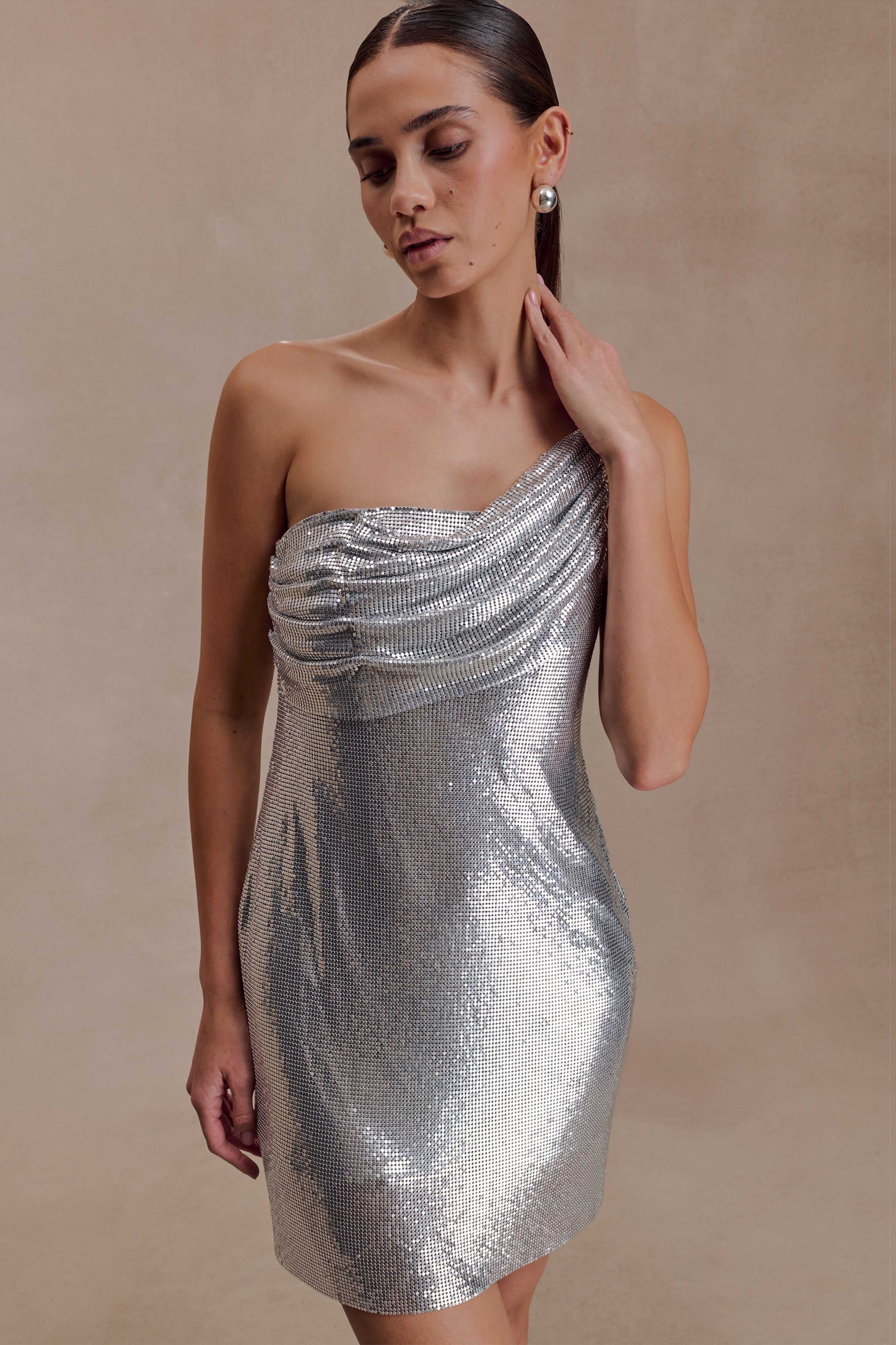 Lyle One Shoulder Glow Mesh Mini Dress - Silver #8