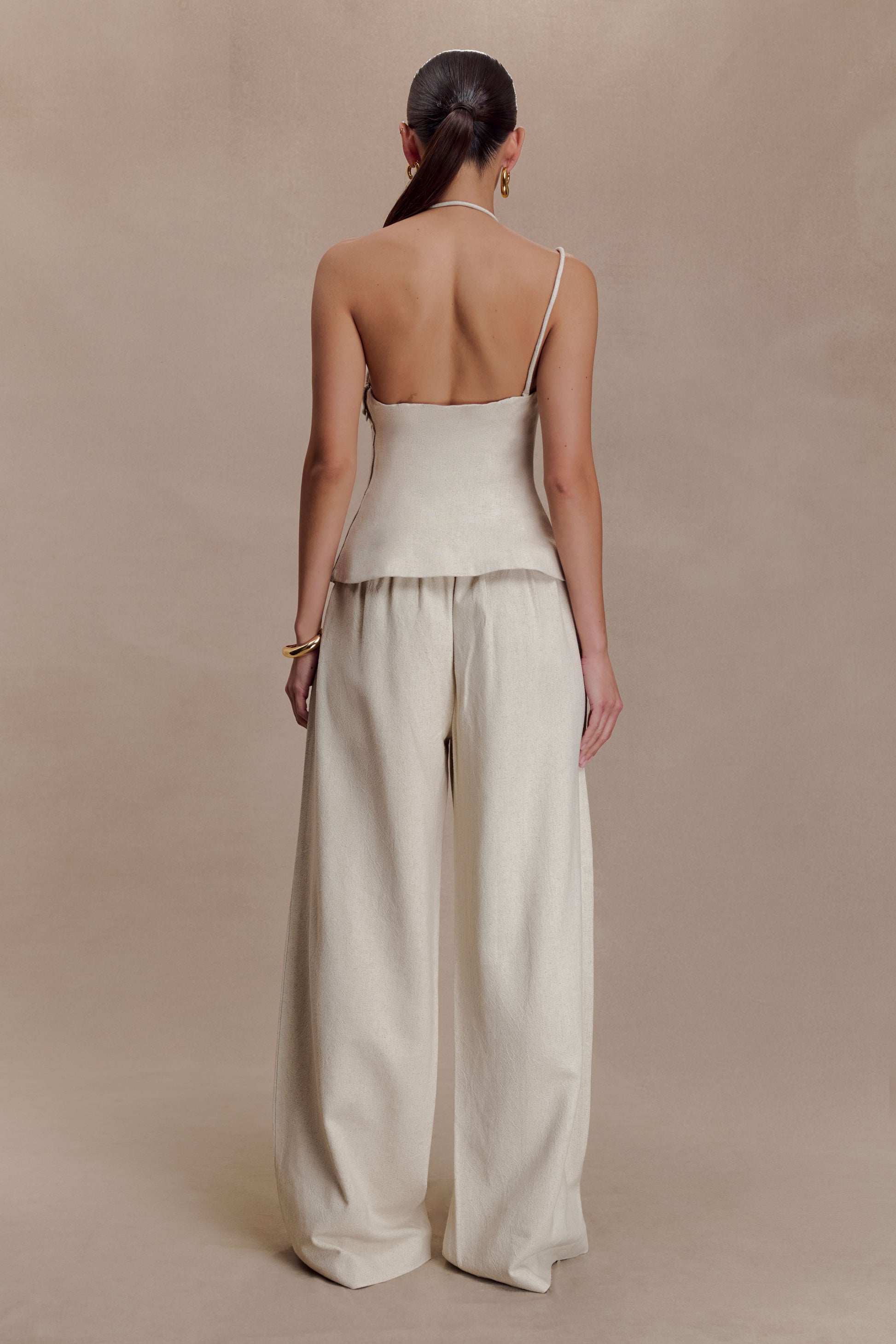 Gabby Asymmetrical Neckline Linen Beaded Top - Natural #8