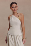 Gabby Asymmetrical Neckline Linen Beaded Top - Natural