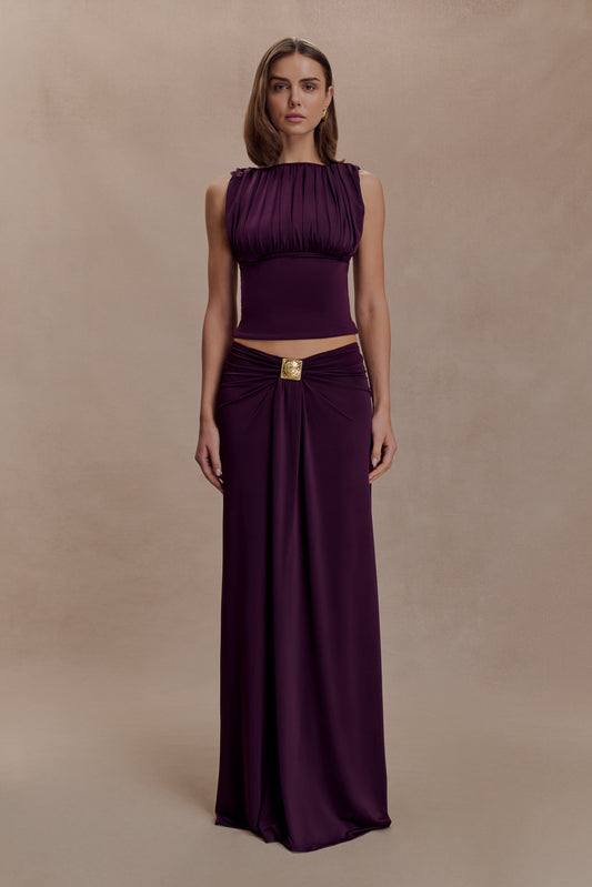 Erina Slinky Ruched Maxi Skirt With Hardware - Aubergine