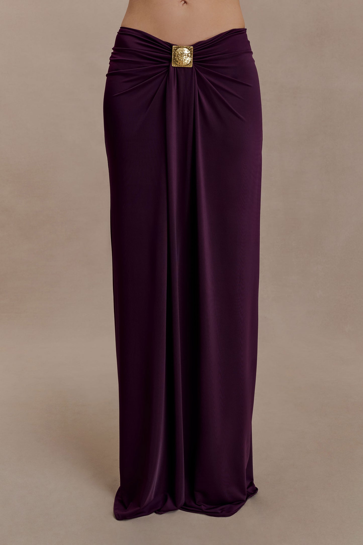 Erina Slinky Ruched Maxi Skirt With Hardware - Aubergine