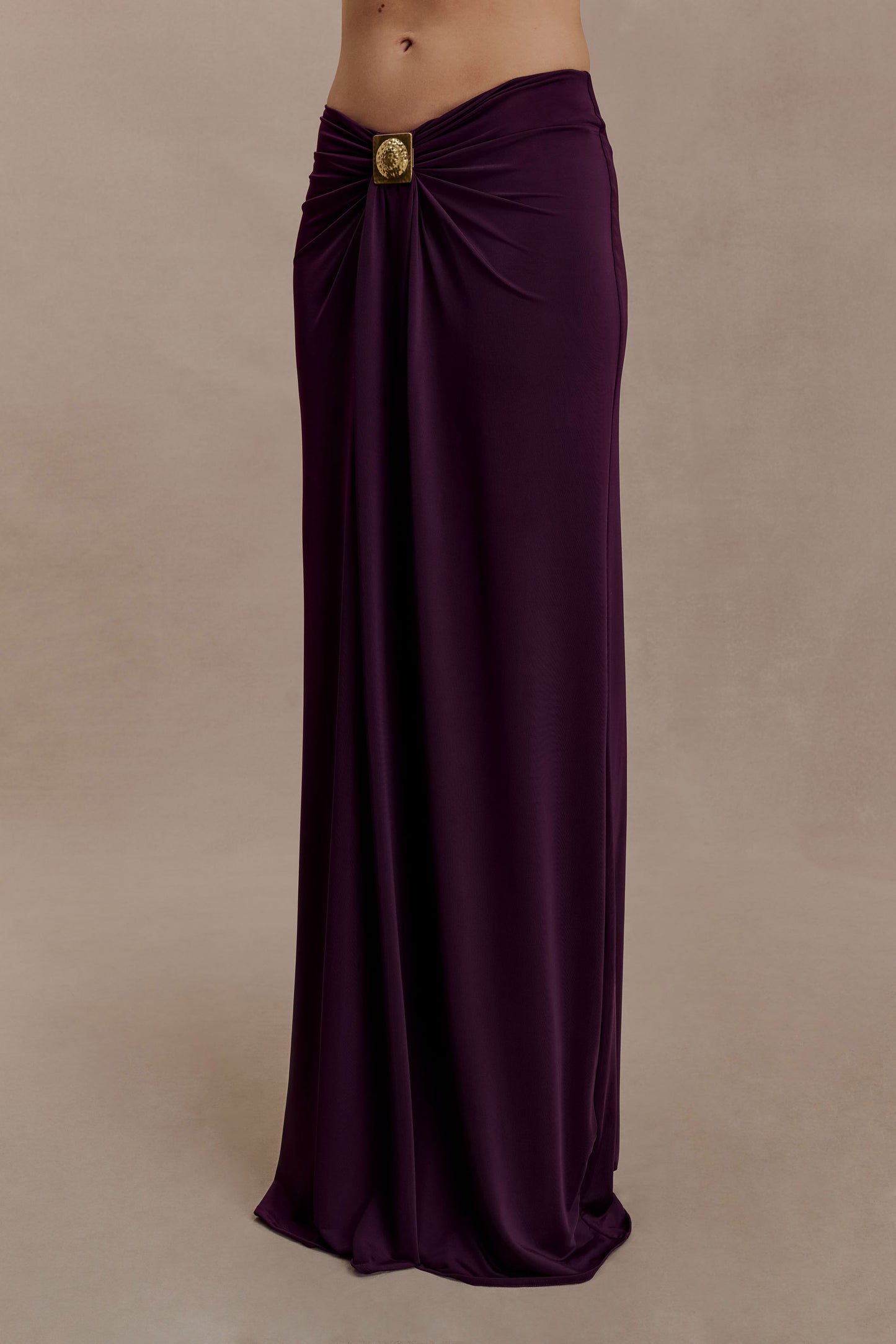 Erina Slinky Ruched Maxi Skirt With Hardware - Aubergine