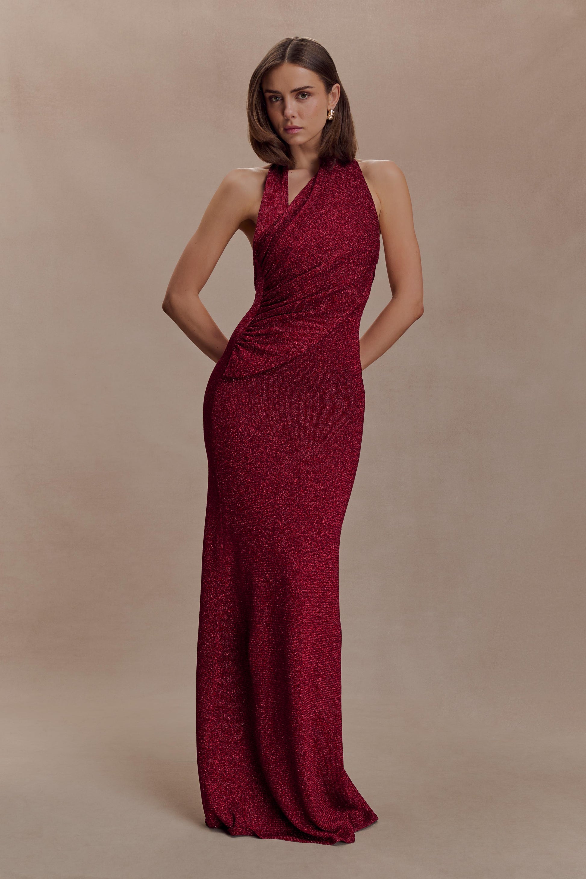 Elma Lurex Knit Halter Maxi Dress - Deep Red #3