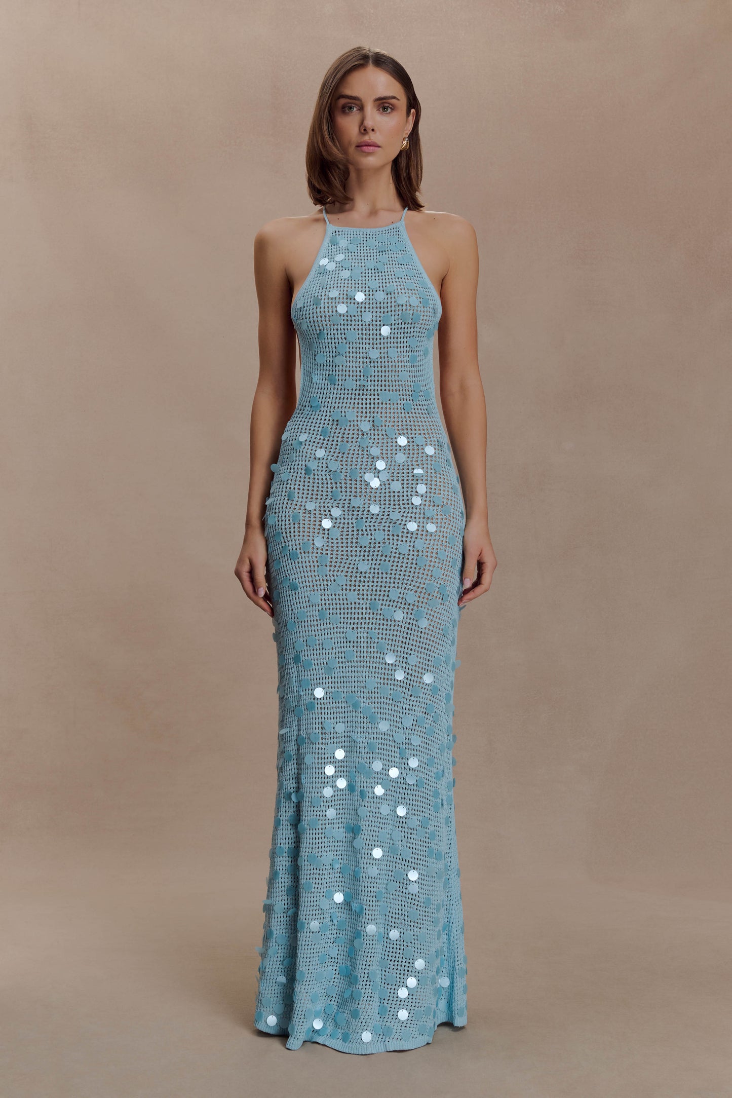 Carmen Crochet Sequin Maxi Open Back Dress - Blue