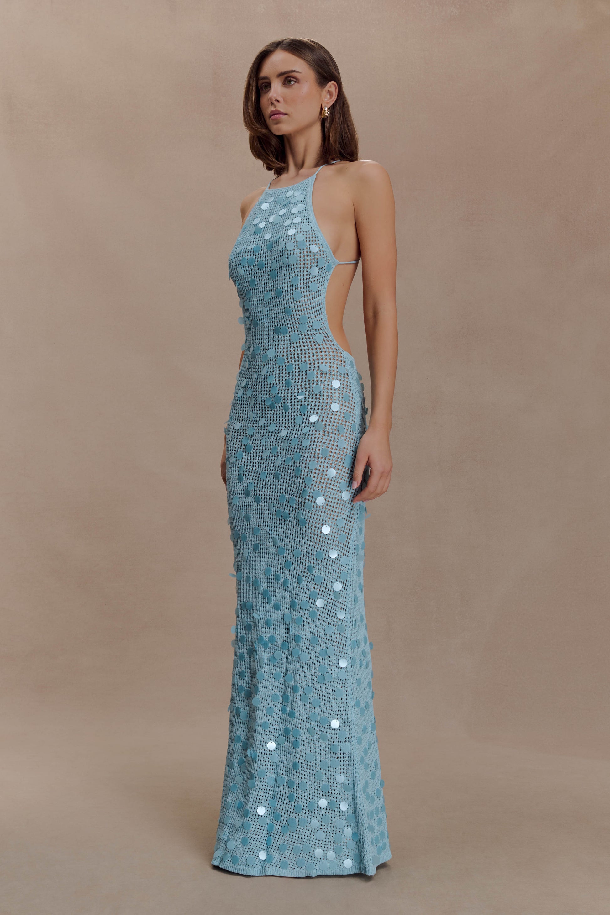 Carmen Crochet Sequin Maxi Open Back Dress - Blue #4