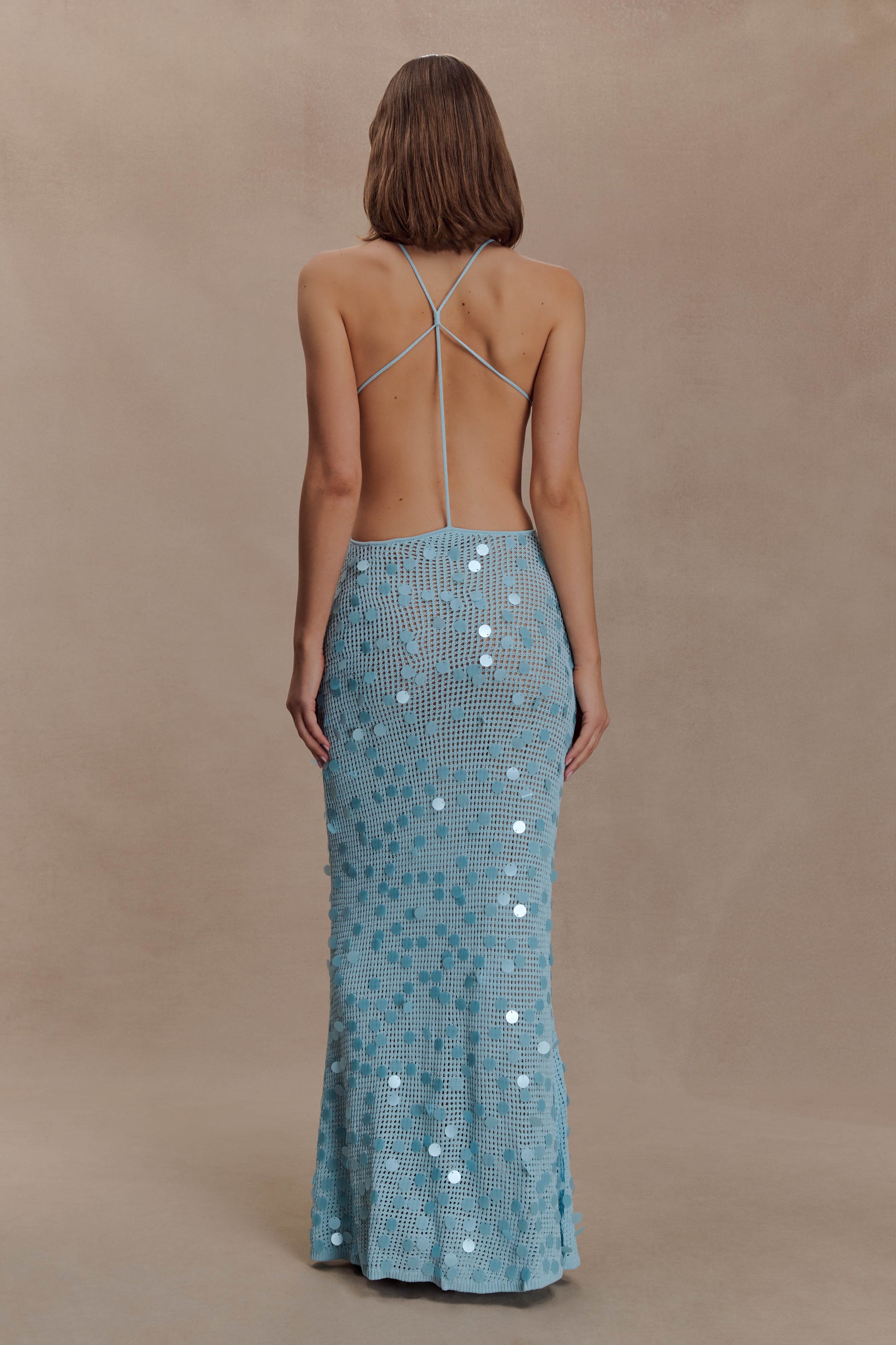 Carmen Crochet Sequin Maxi Open Back Dress - Blue #2