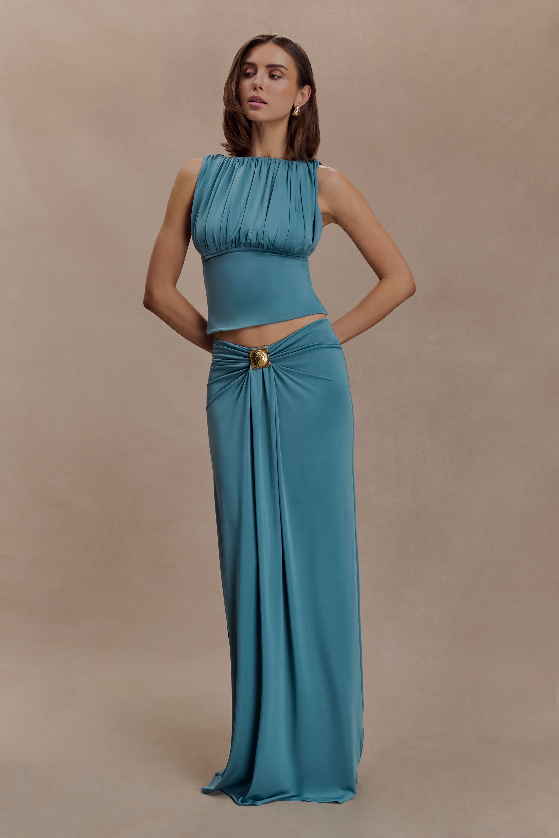 Erina Slinky Ruched Maxi Skirt With Hardware - Teal #4