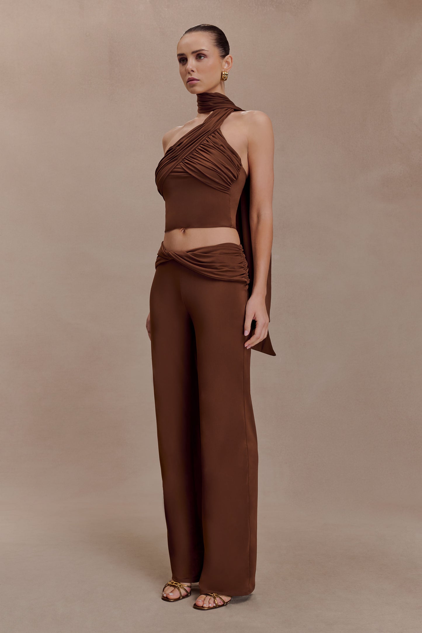 Lydia Slinky Asymmetrical Halter Top - Chocolate