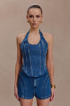 Meadow Denim Corset Halter Top - Dark Blue