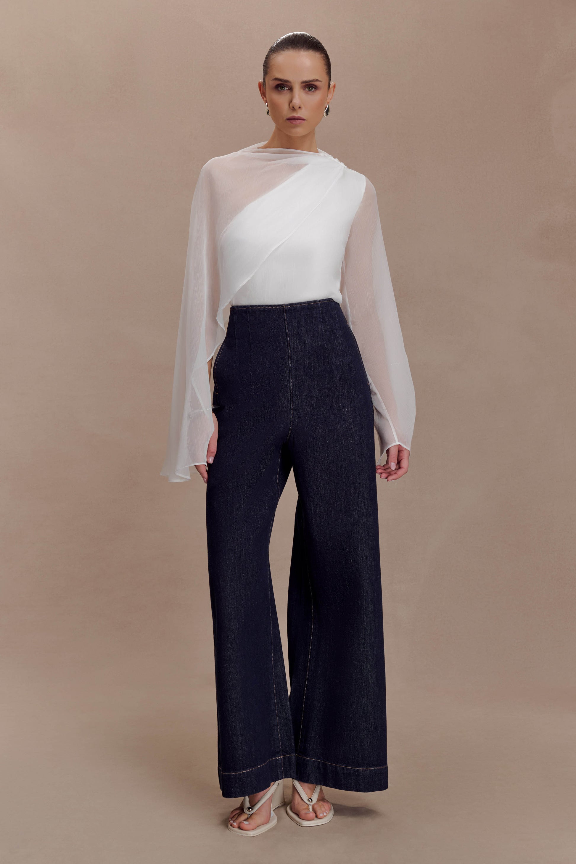 Ida Sheer Asymmetrical Long Sleeve Top - White #7