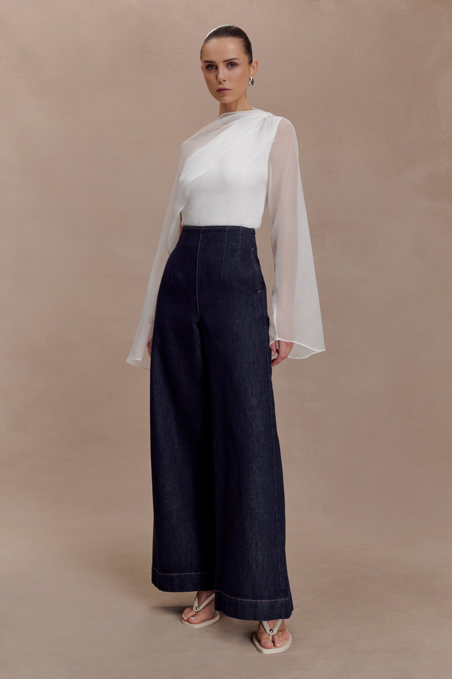 Ida Sheer Asymmetrical Long Sleeve Top - White