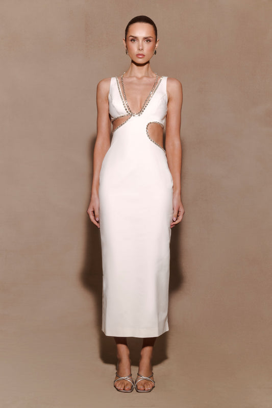 Henny Diamante Trim Cut Out Midi Dress - White