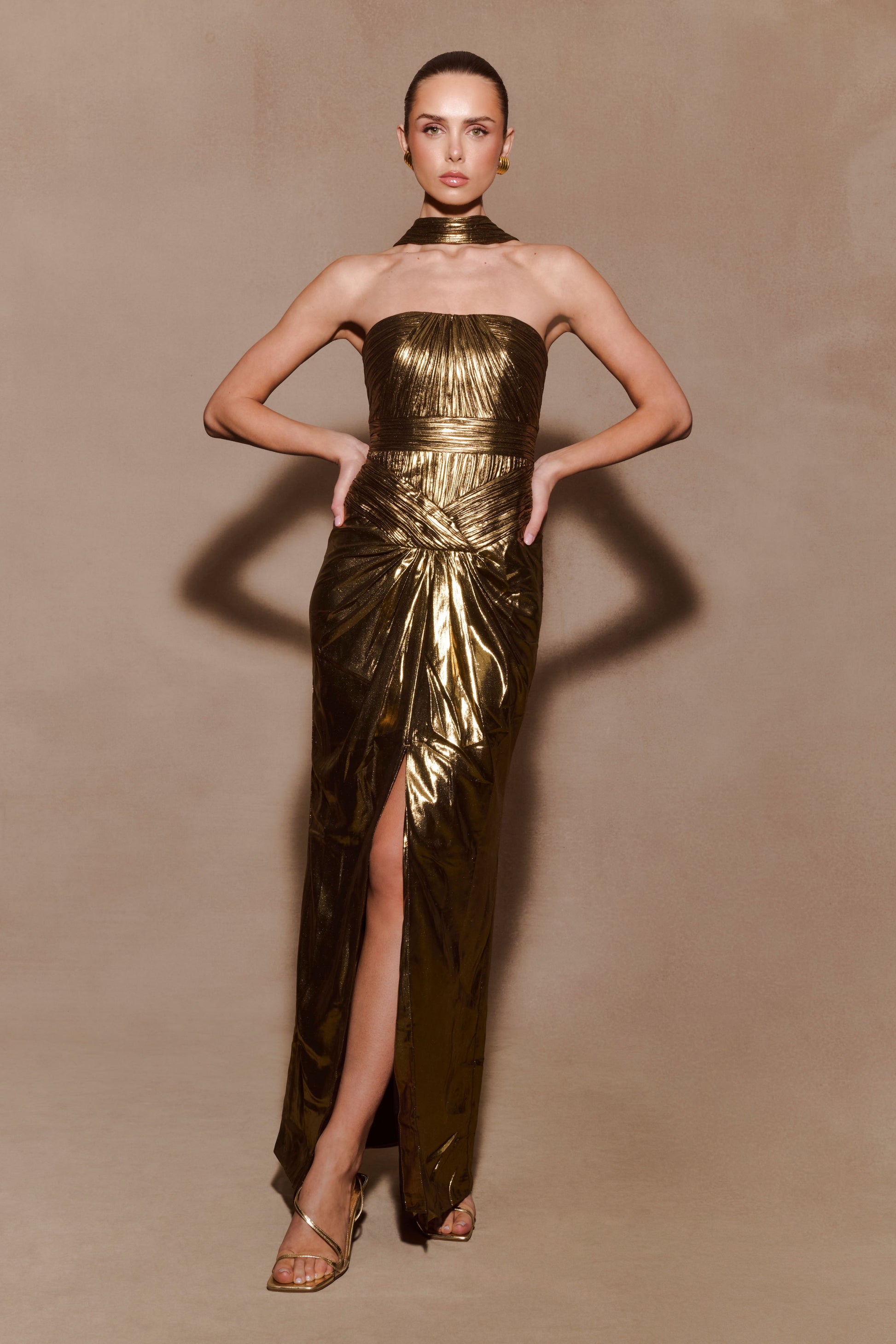 Clemence Plisse Maxi Dress - Gold | MESHKI Clemence Plisse Maxi Dress - Gold | MESHKI