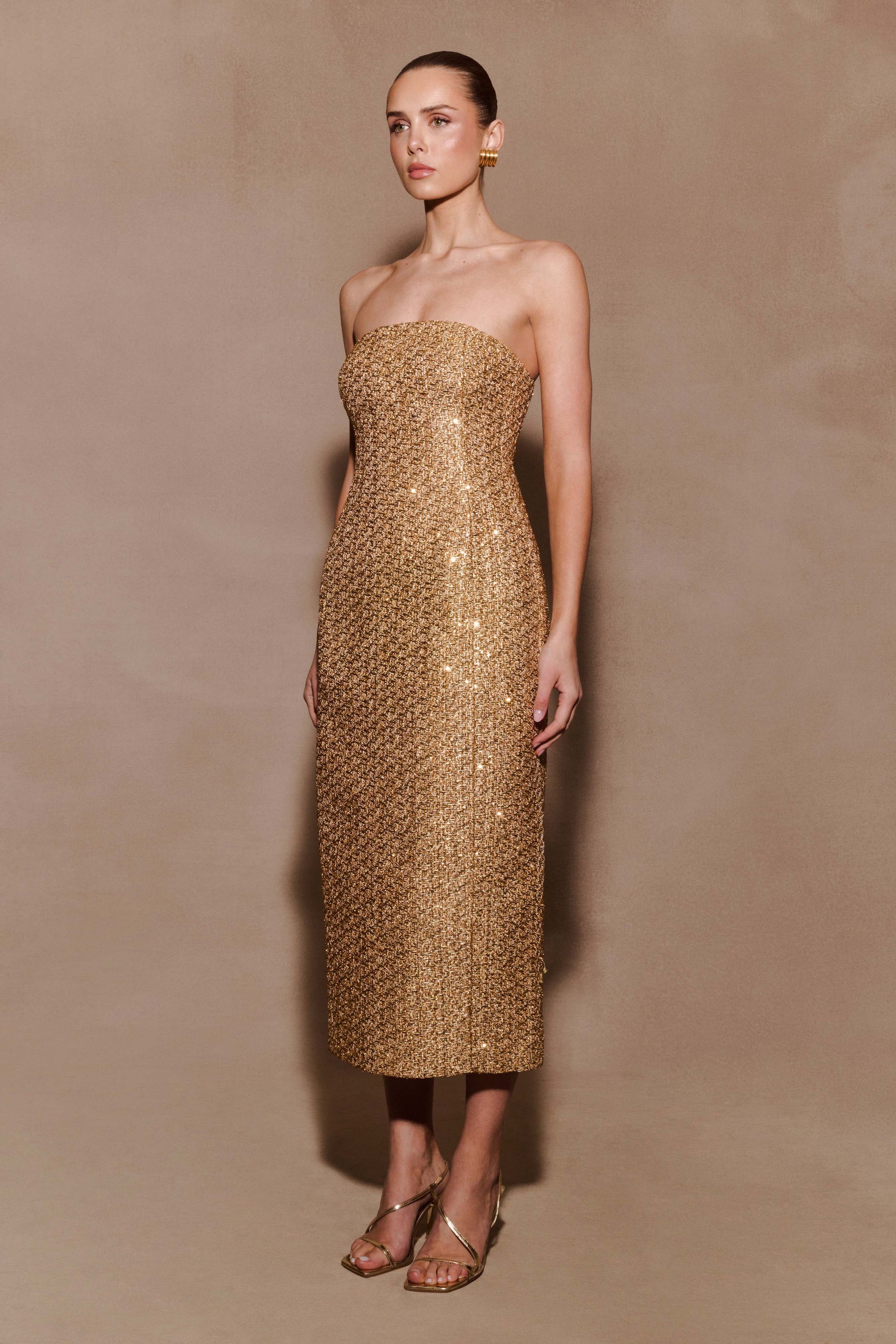 Gala Strapless Tweed Midi Dress - Gold #4