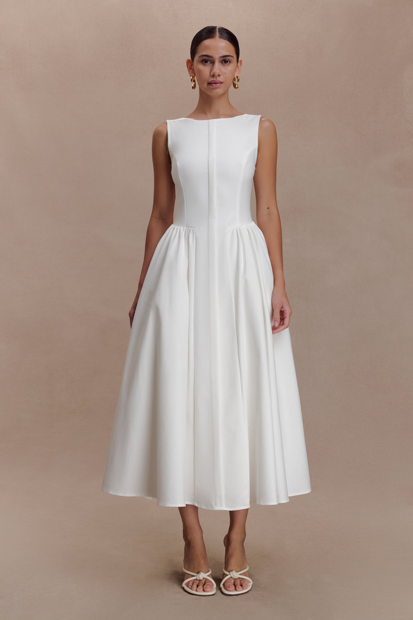 Monika Gathered Waist Cotton Midi Dress - White
