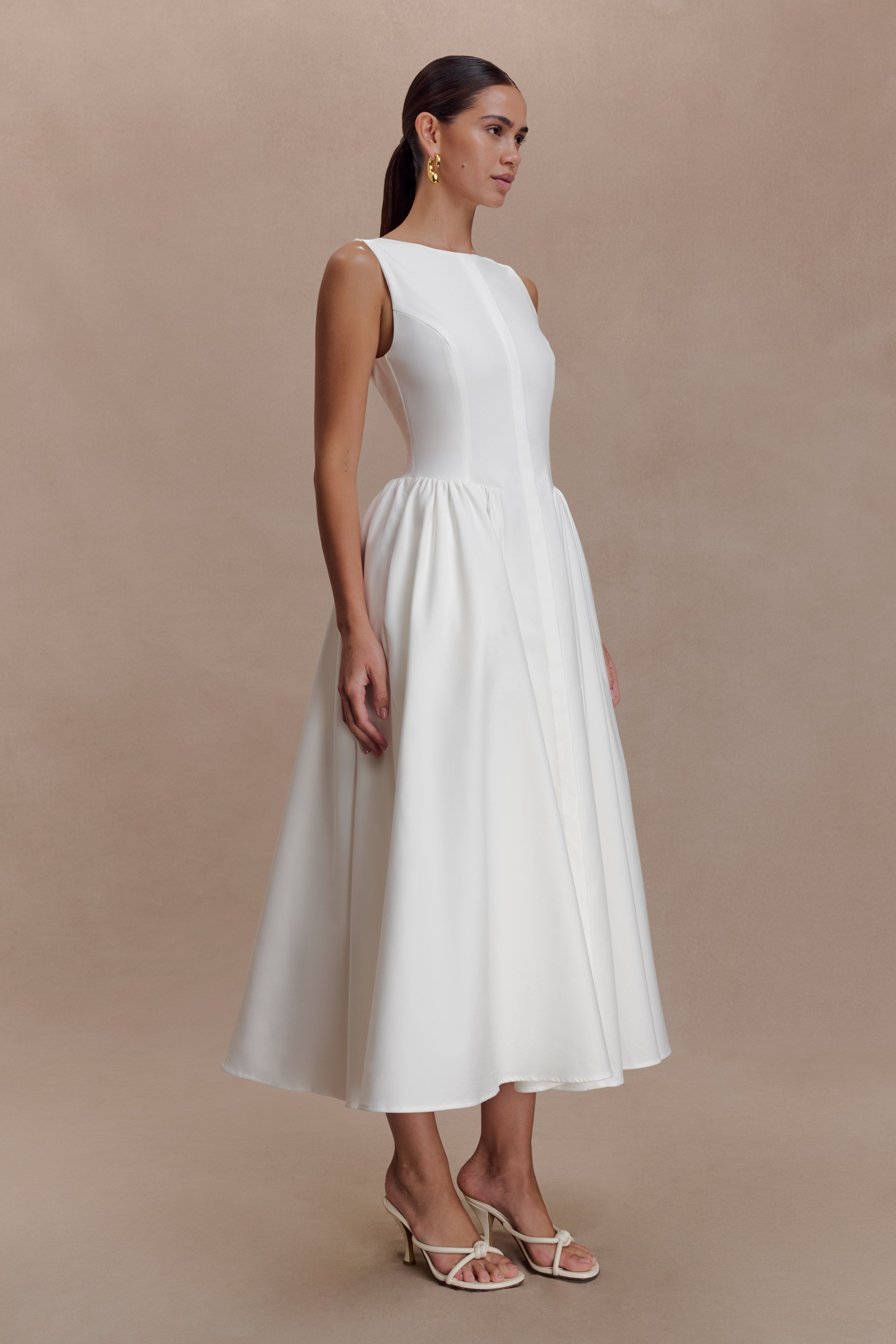 Monika Gathered Waist Cotton Midi Dress - White | MESHKI