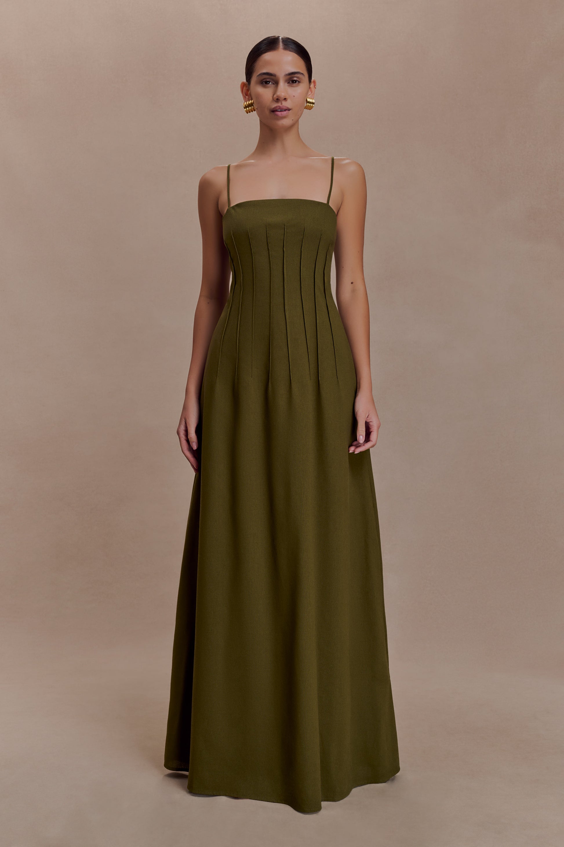 Sofie Pintuck Linen Maxi Dress - Khaki