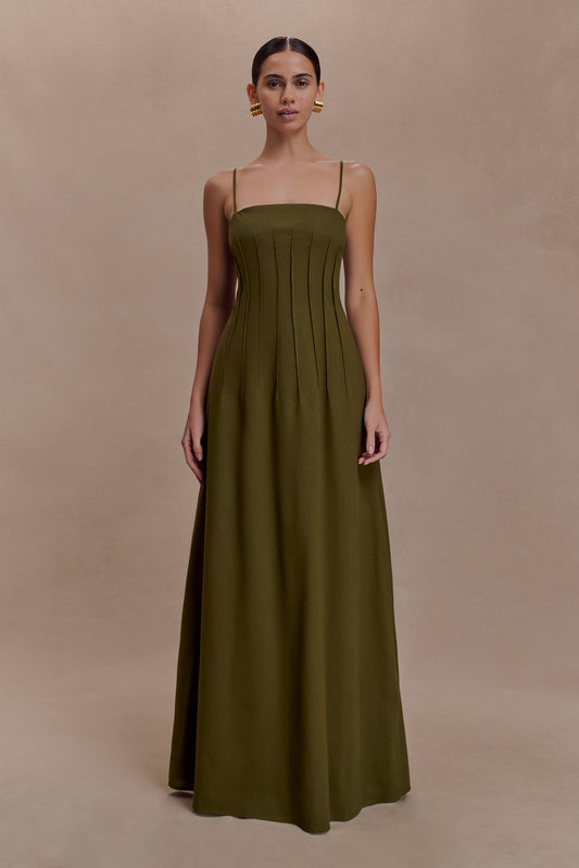 Sofie Pintuck Linen Maxi Dress - Khaki
