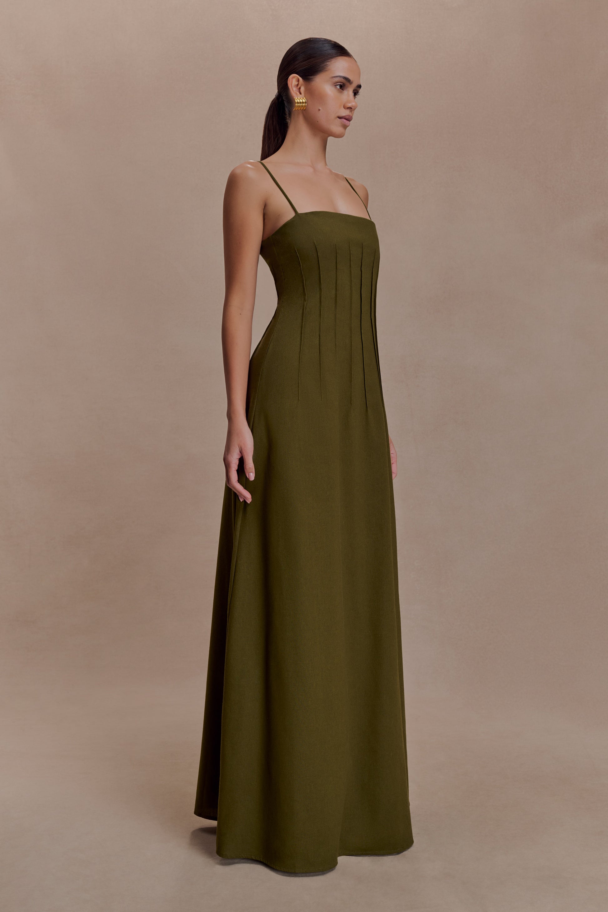 Sofie Pintuck Linen Maxi Dress - Khaki #4