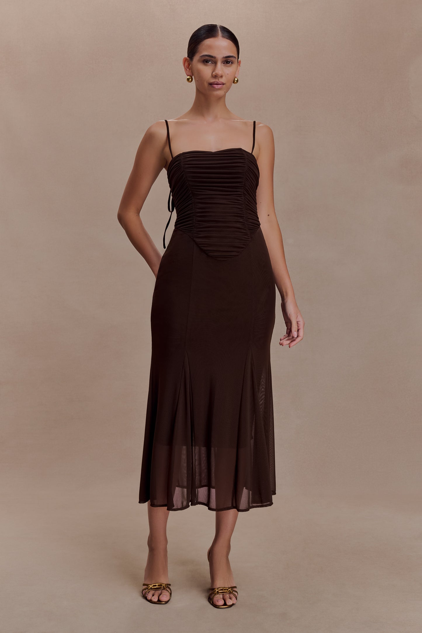 Willa Gathered Mesh Midi Dress - Chocolate