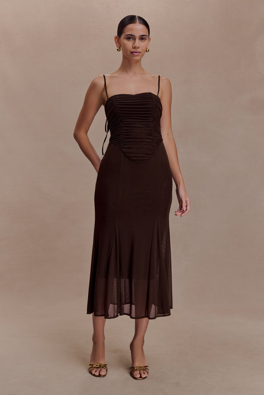 Willa Gathered Mesh Midi Dress - Chocolate