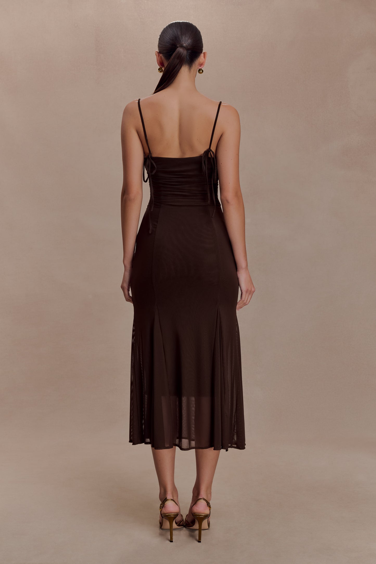 Willa Gathered Mesh Midi Dress - Chocolate