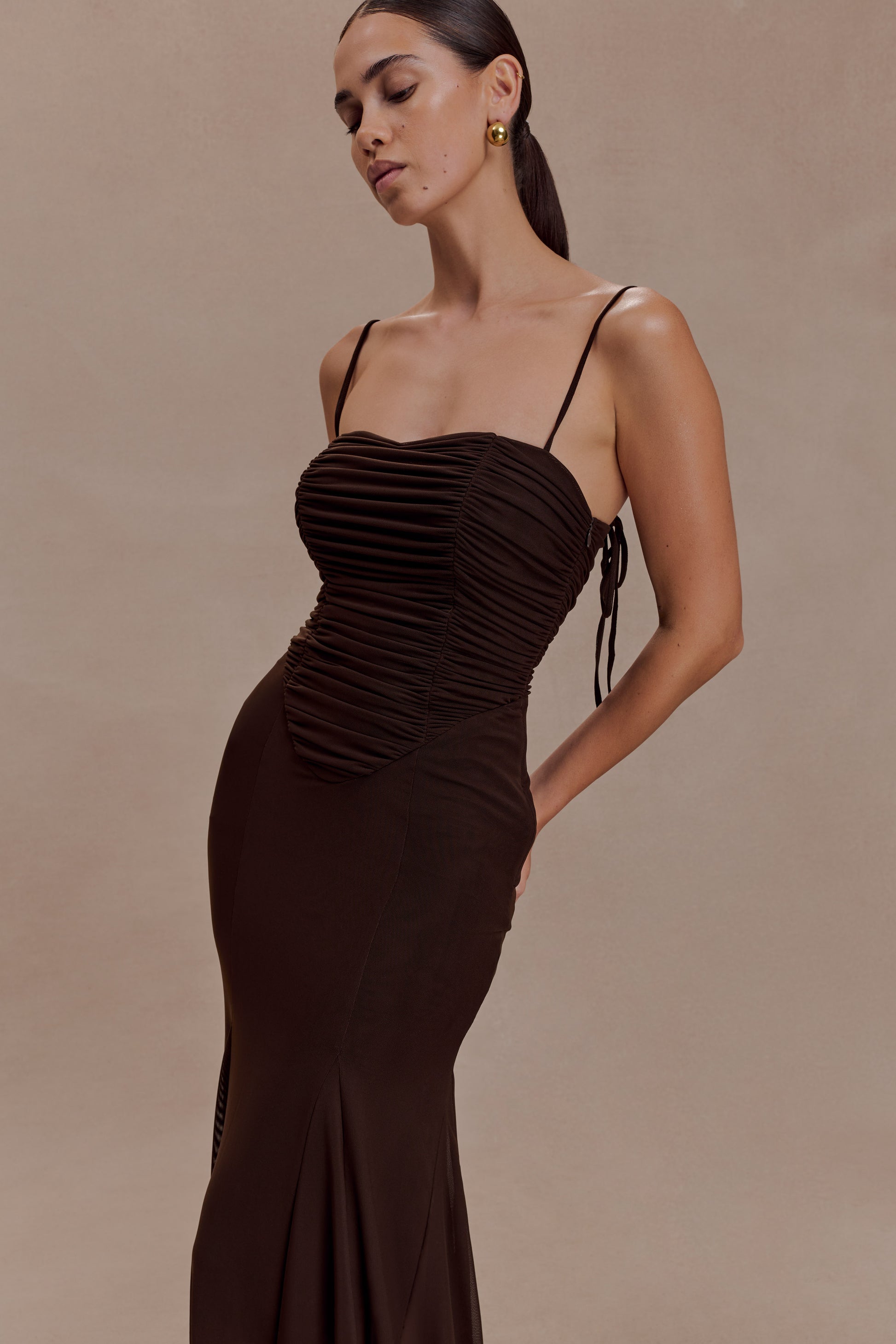 Willa Gathered Mesh Midi Dress - Chocolate #3