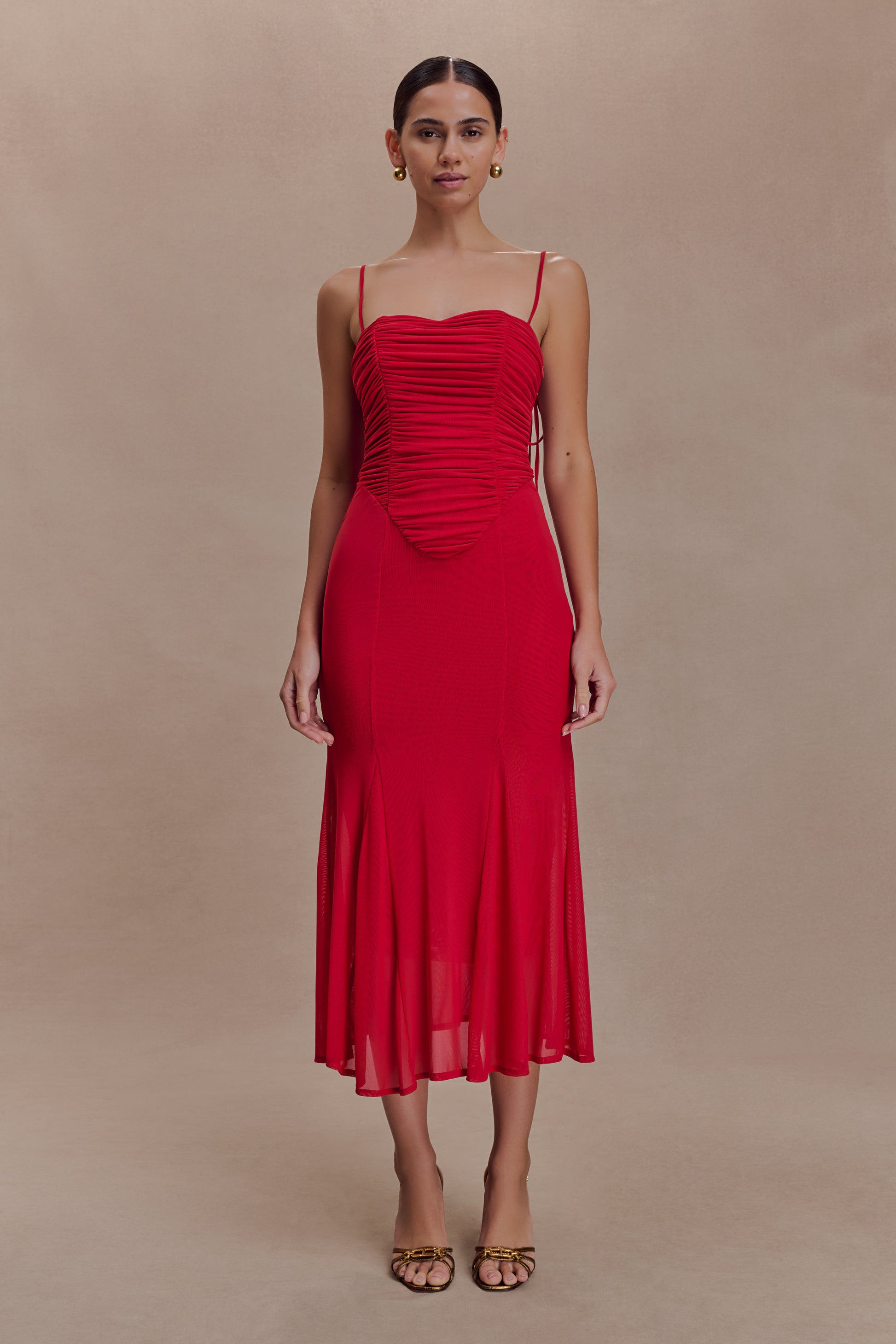 Willa Gathered Mesh Midi Dress - Ruby Red #2