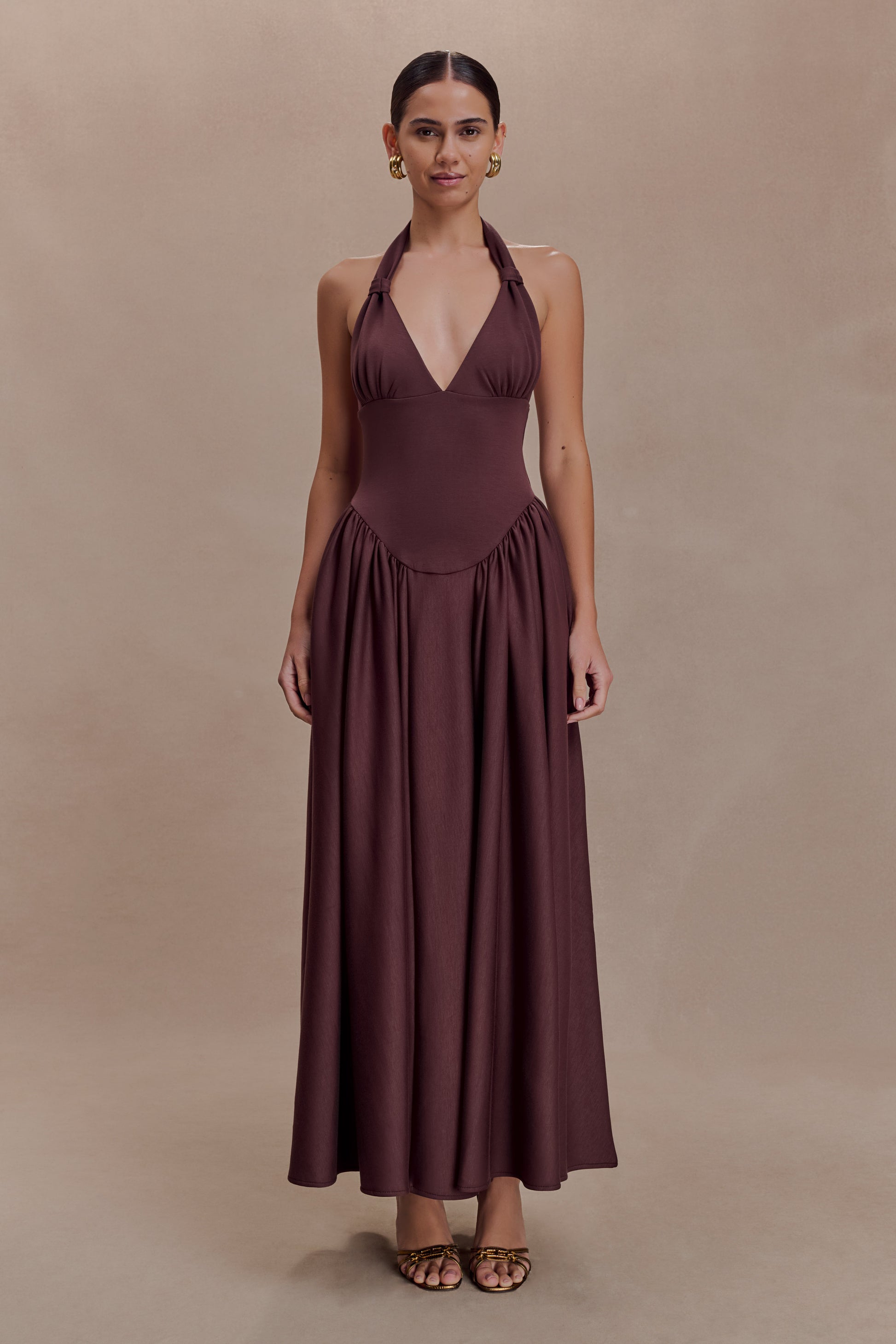 Angelina Scuba Halter Midi Dress - Chocolate