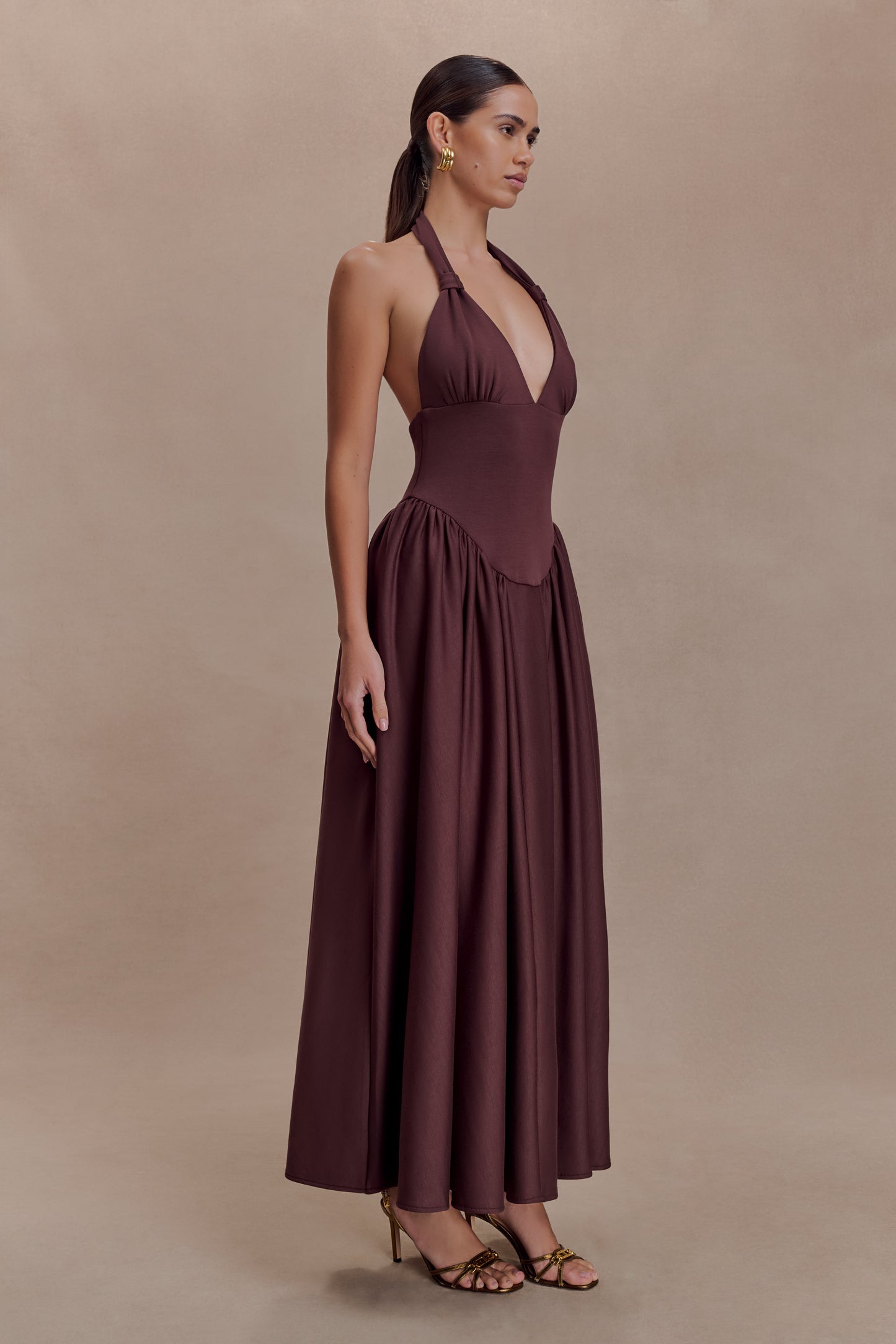 Angelina Scuba Halter Midi Dress - Chocolate