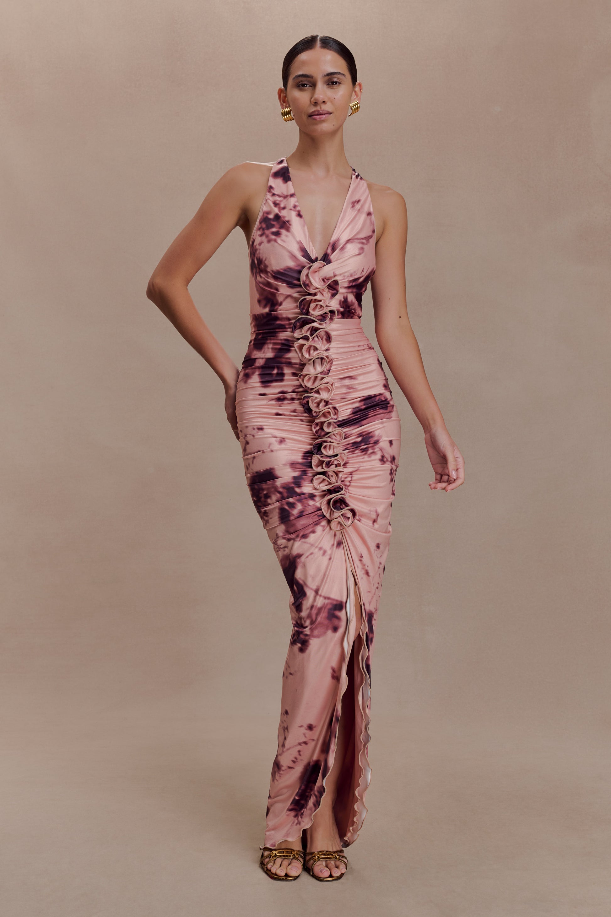 Alessandra Slinky Ruffle Maxi Dress - Pink Blurred Floral Print #5