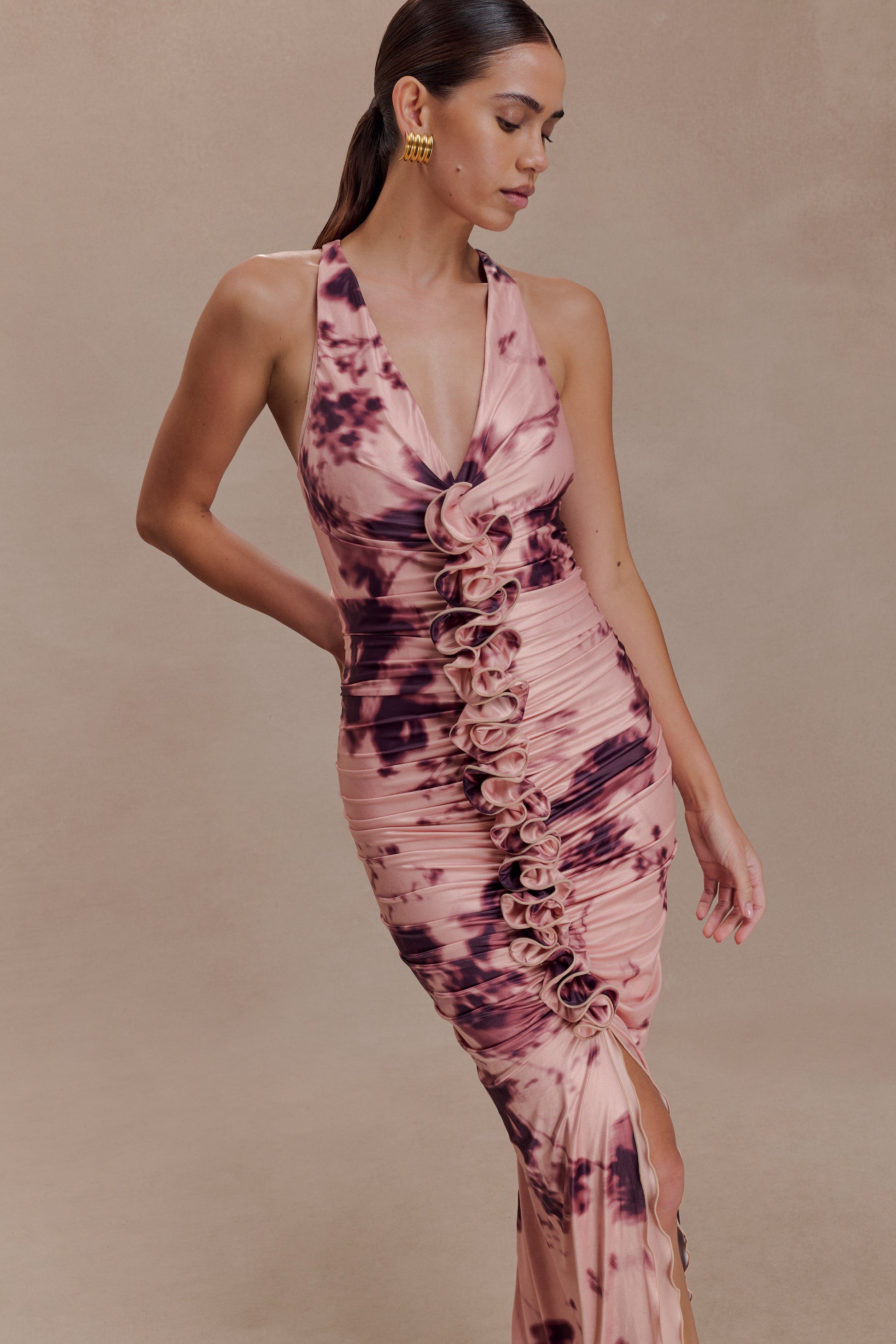 Alessandra Slinky Ruffle Maxi Dress - Pink Blurred Floral Print #7