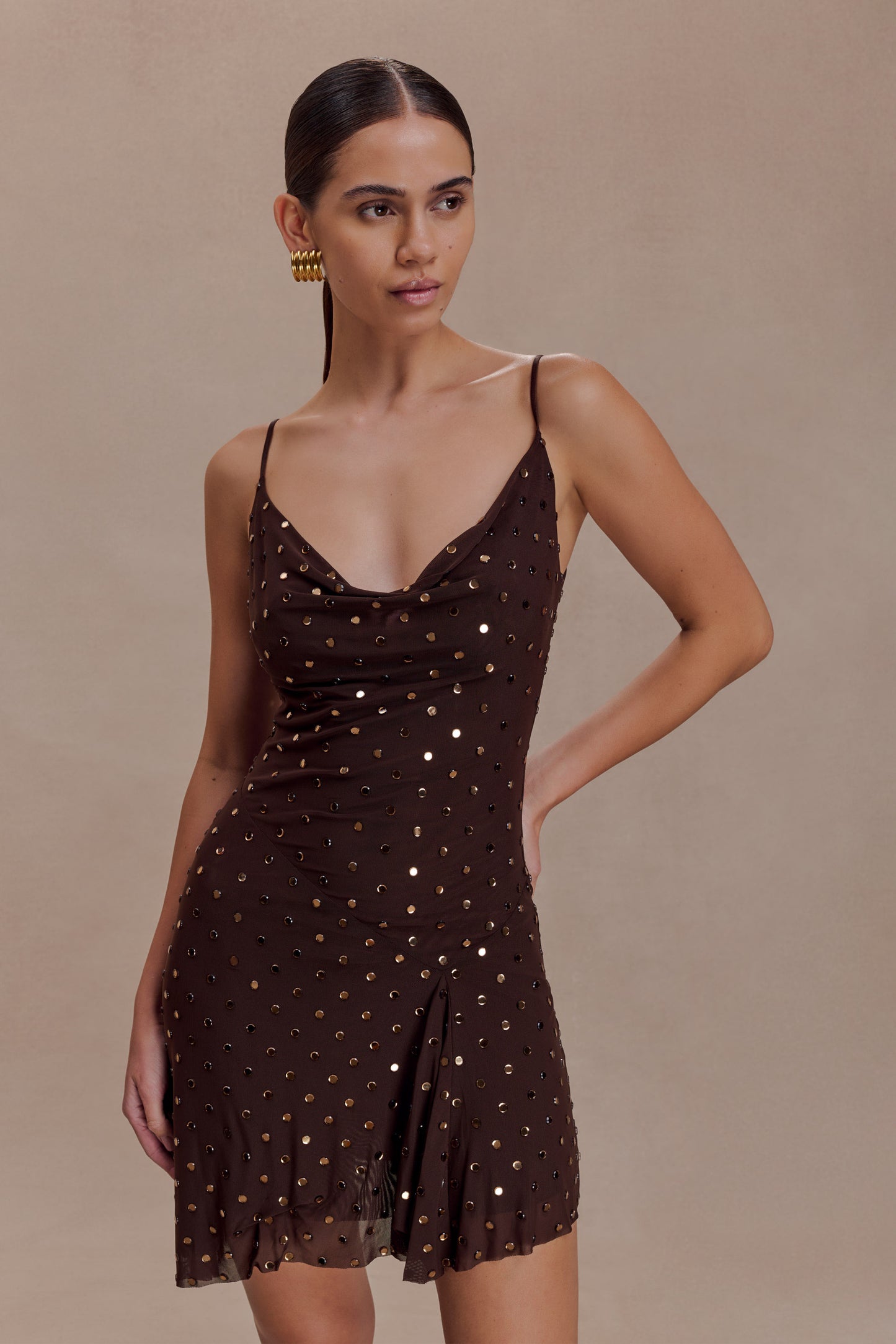 Zahra Diamante Cowl Mini Dress - Chocolate