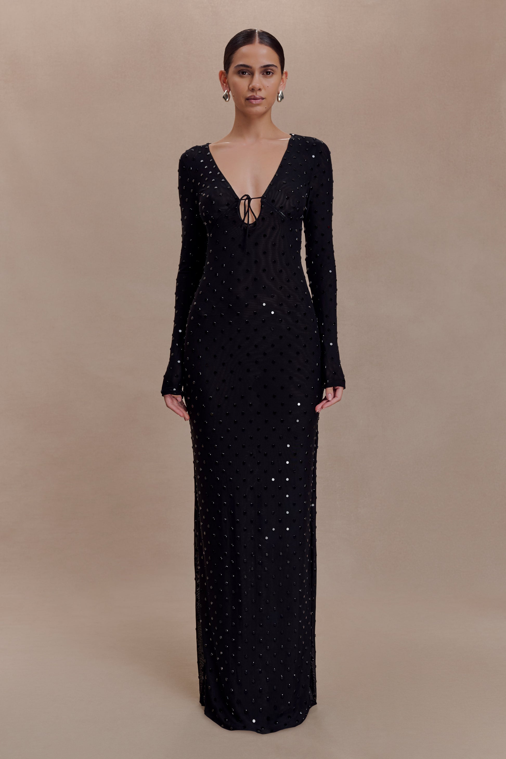 Acadia Diamante Long Sleeve Maxi Dress - Black #5