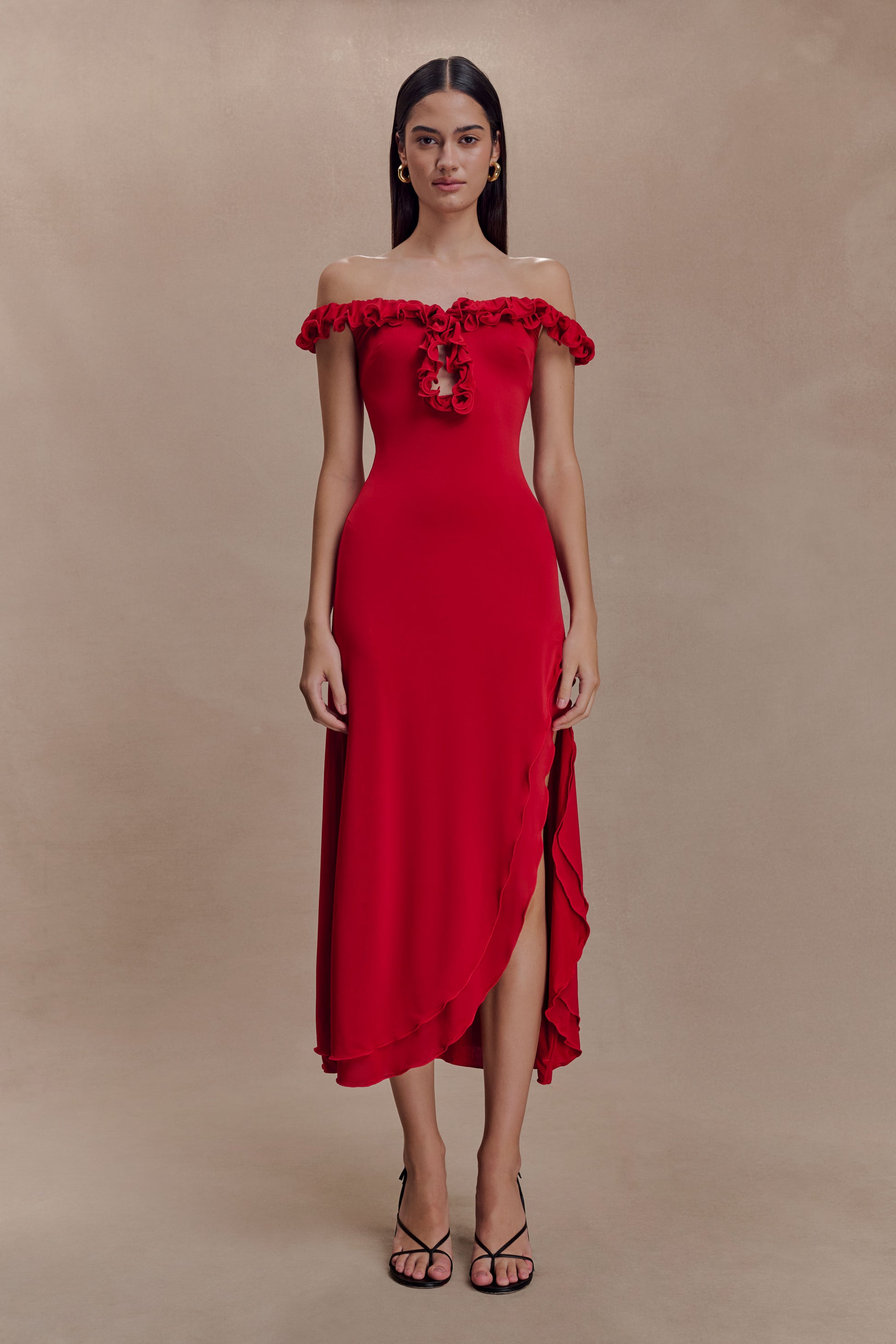 Allegra Off Shoulder Ruffle Midi Dress - Ruby