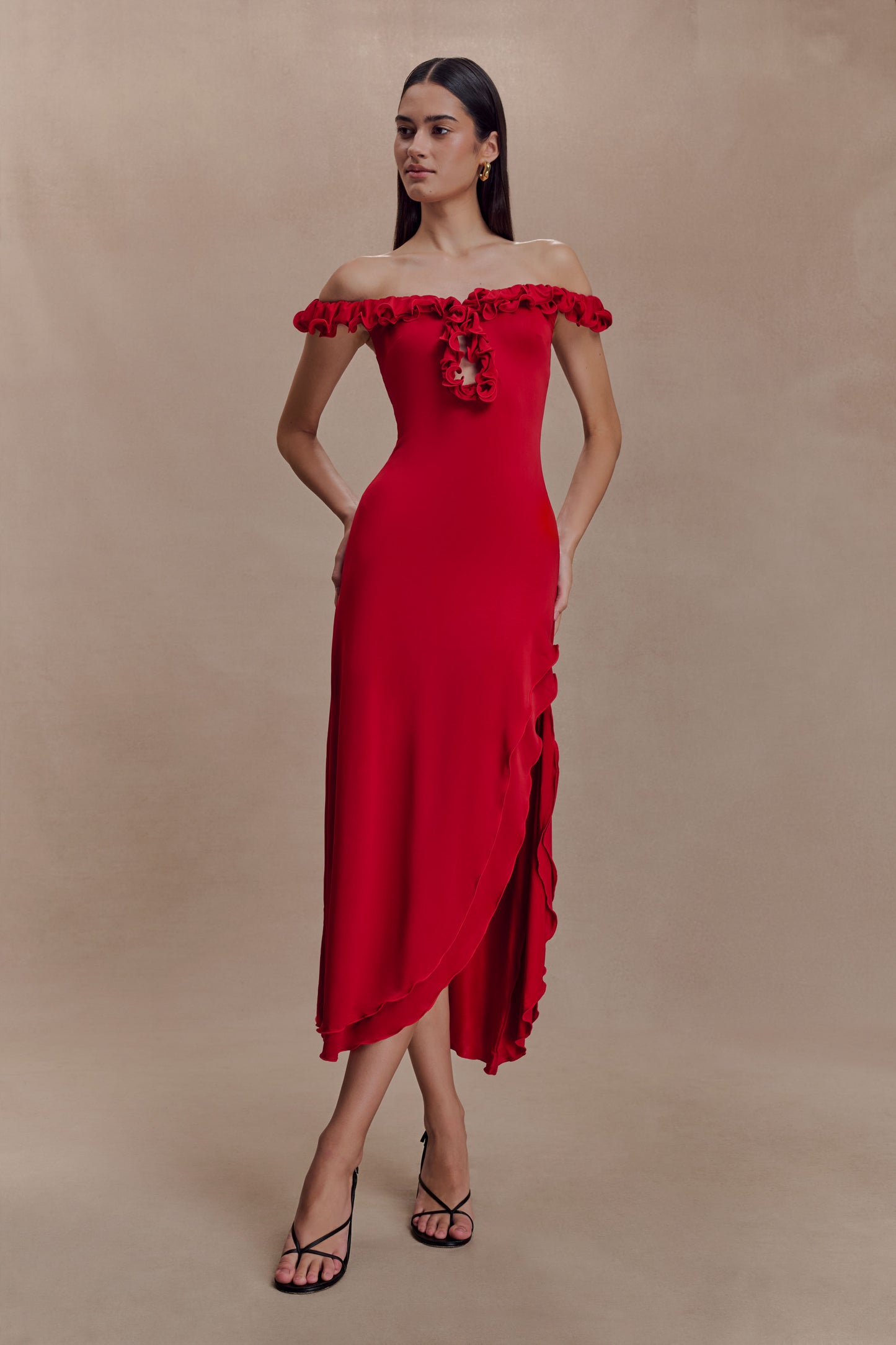 Allegra Off Shoulder Ruffle Midi Dress - Ruby