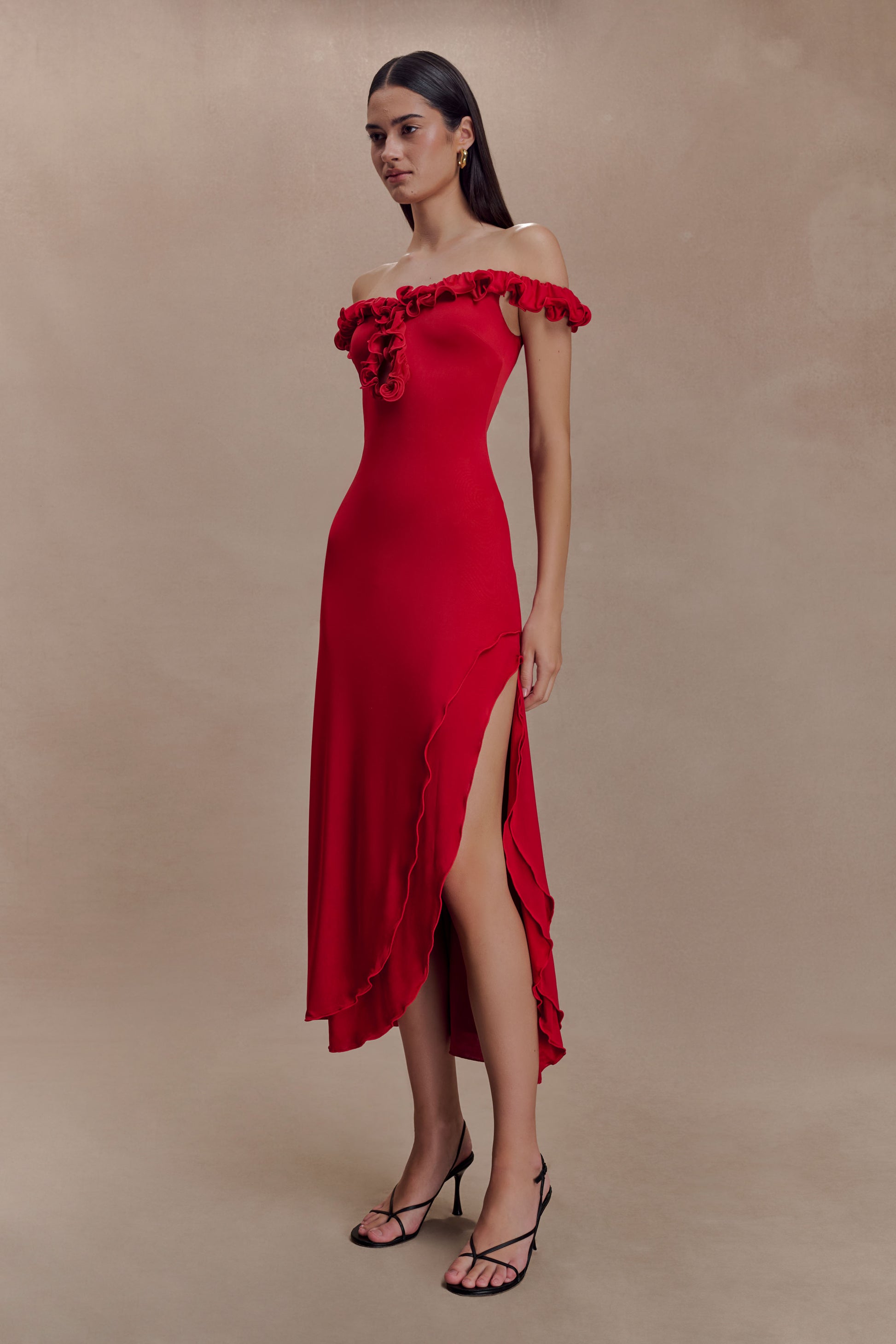 Allegra Off Shoulder Ruffle Midi Dress - Ruby #5