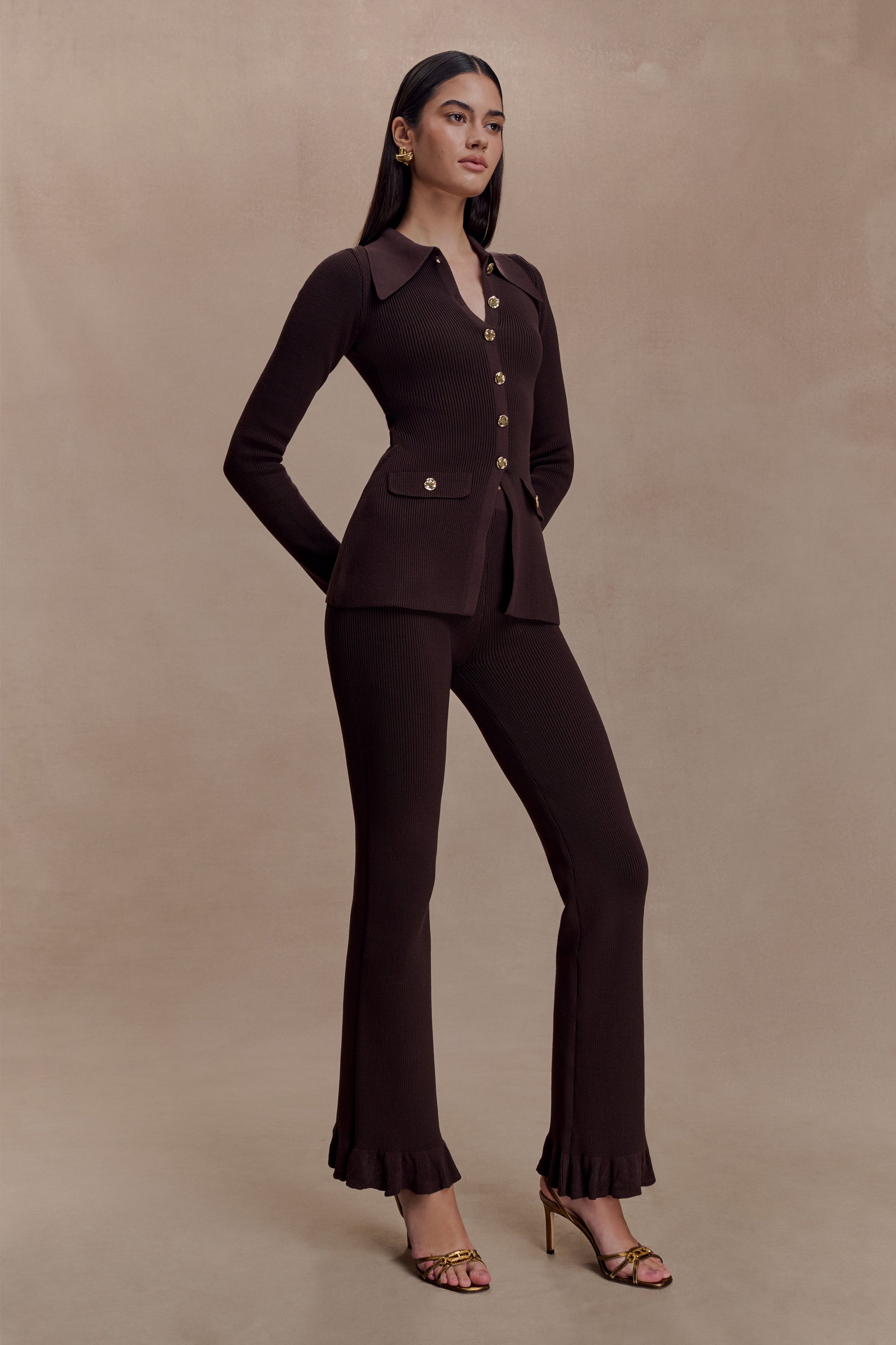 Suzie Ribbed Flared Pants - Chocolate #3