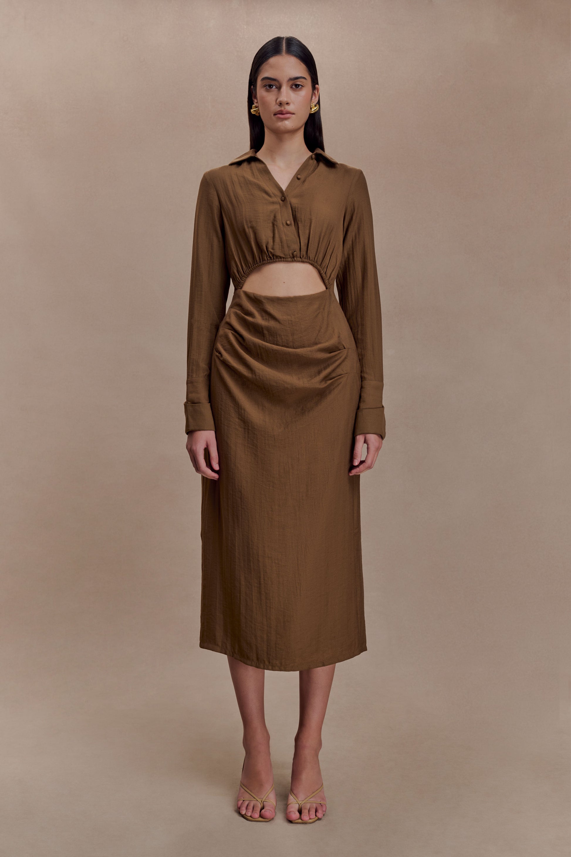 Cecilie Cut Out Shirt Midi Dress - Dark Chocolate