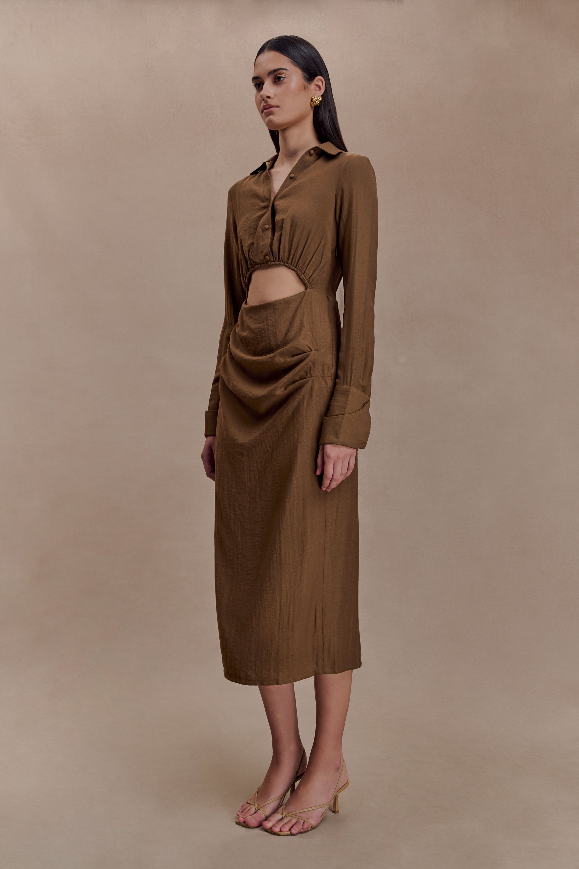 Cecilie Cut Out Shirt Midi Dress - Dark Chocolate Cecilie Cut Out Shirt Midi Dress - Dark Chocolate