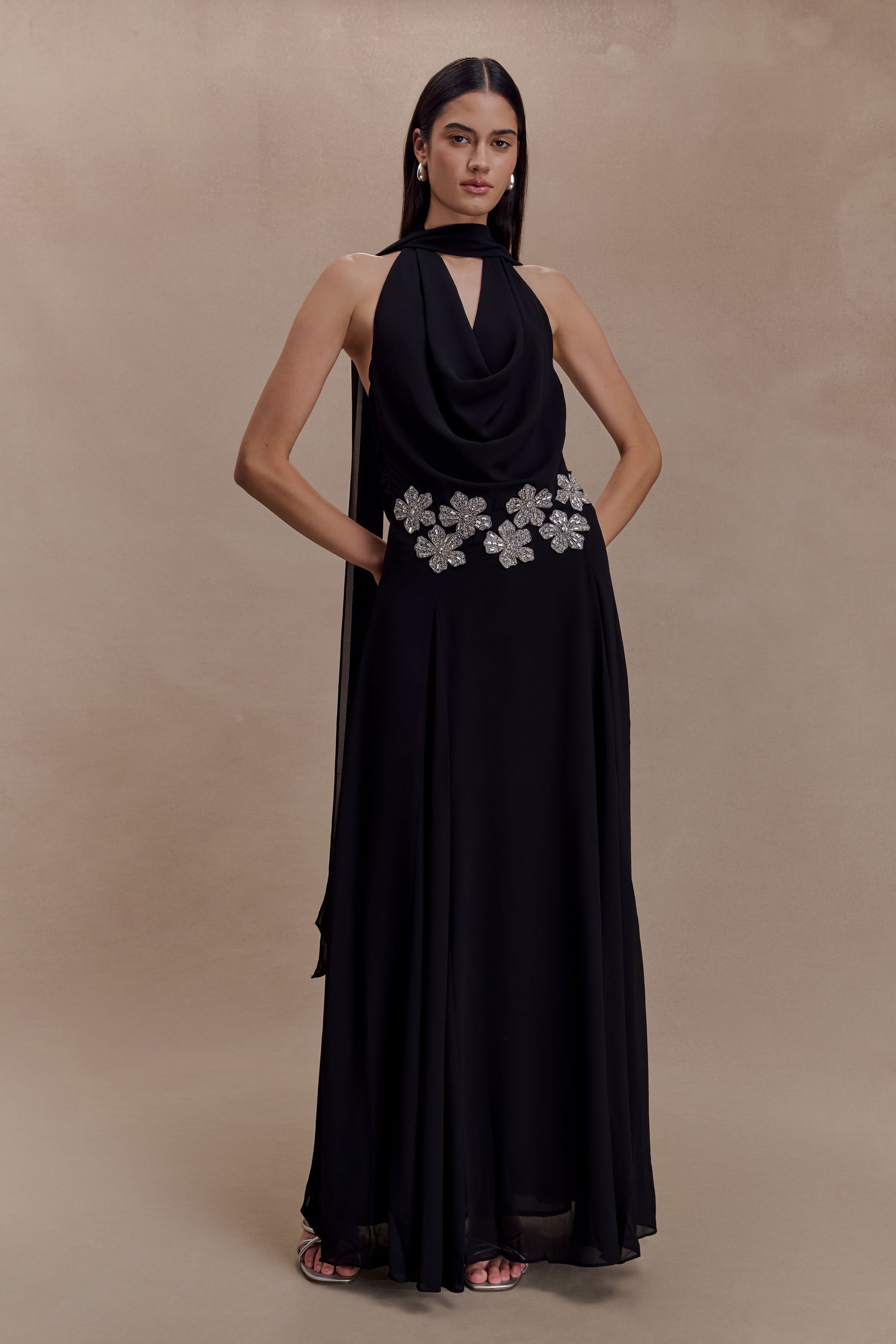 Santal Floral Chiffon Halter Maxi Dress - Black