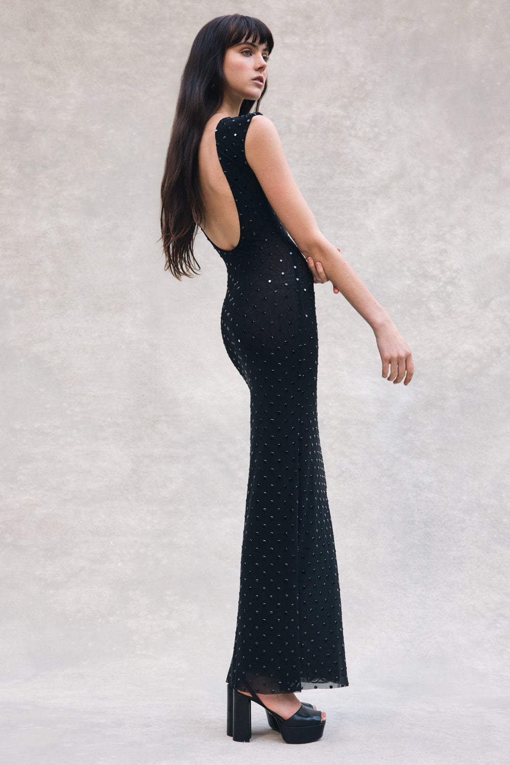 long black dress with ruching Black Embellished Ruched Open Back Column Gown main image 1