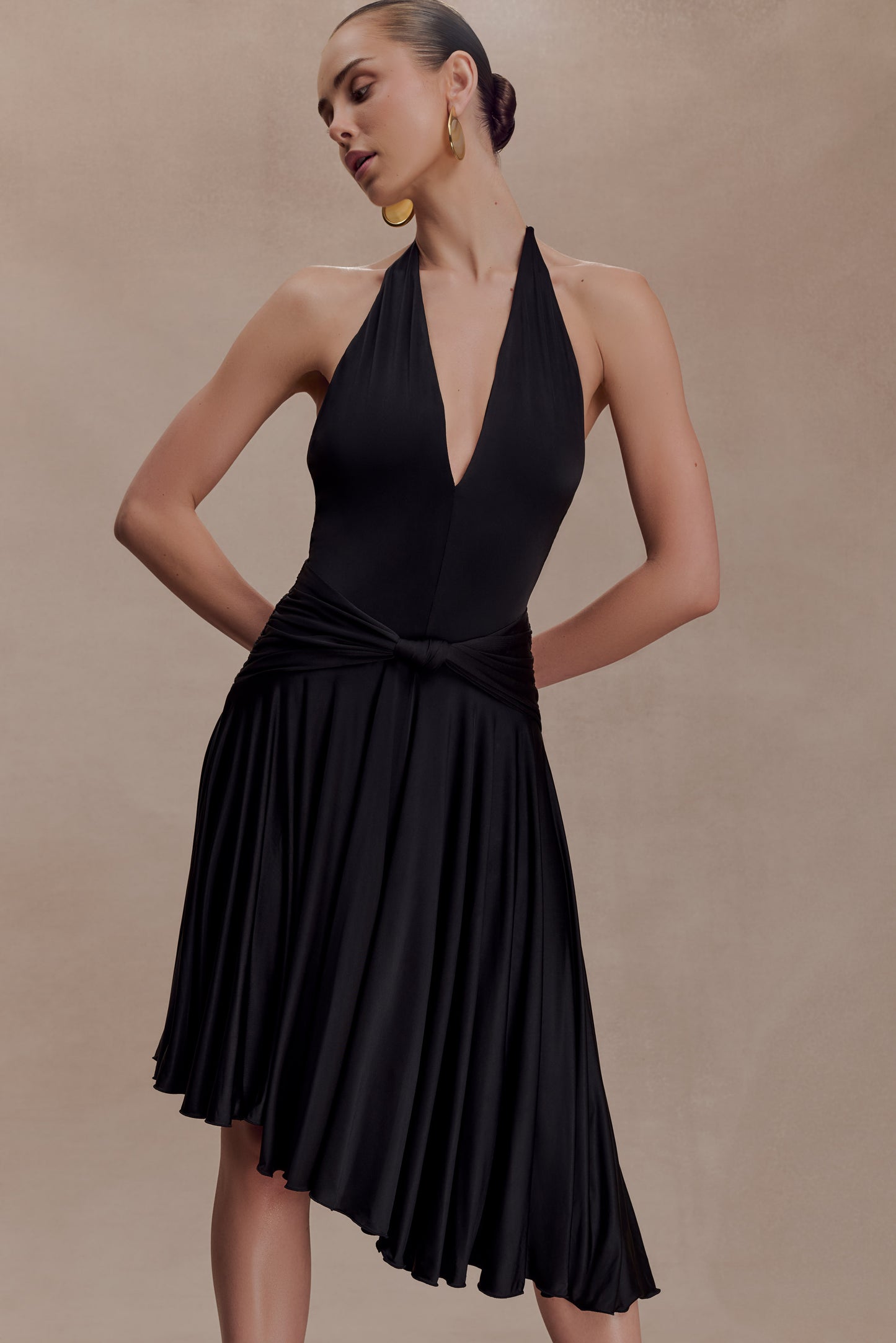 Zelda Asymmetric Slinky Midi Dress - Black