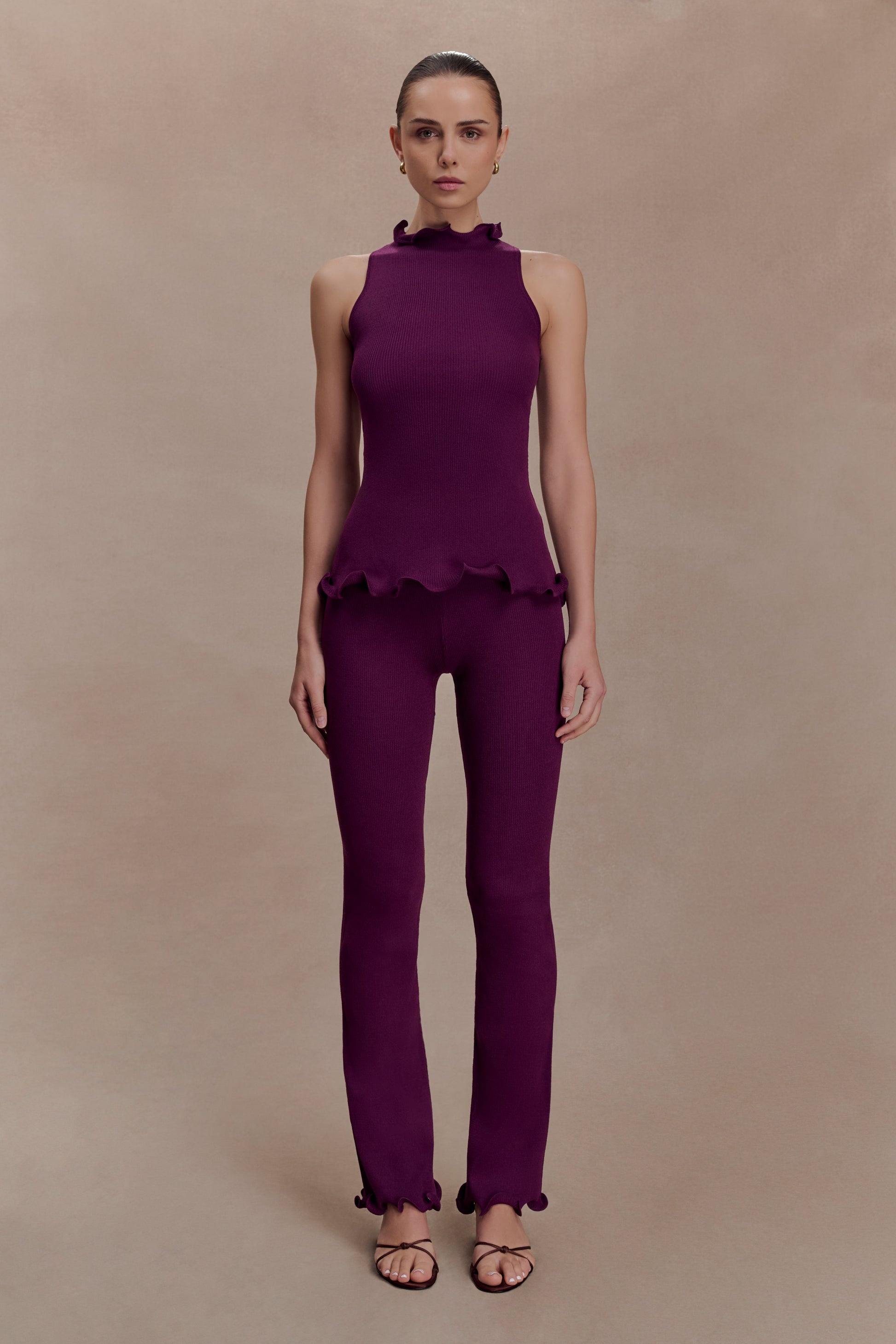 Diya Ribbed High Waisted Pants With Wire Hem - Plum #2