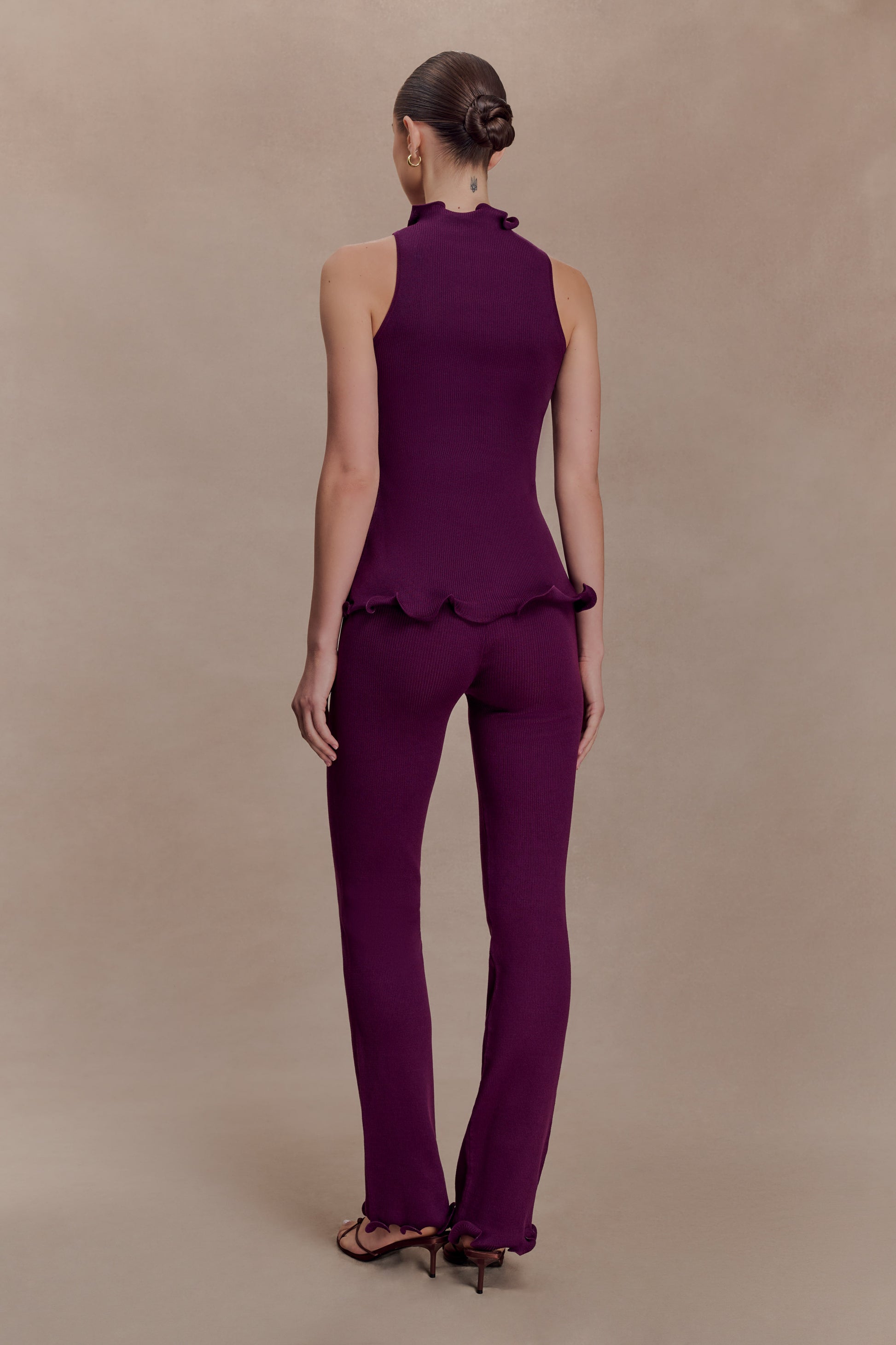Diya Ribbed High Waisted Pants With Wire Hem - Plum #3