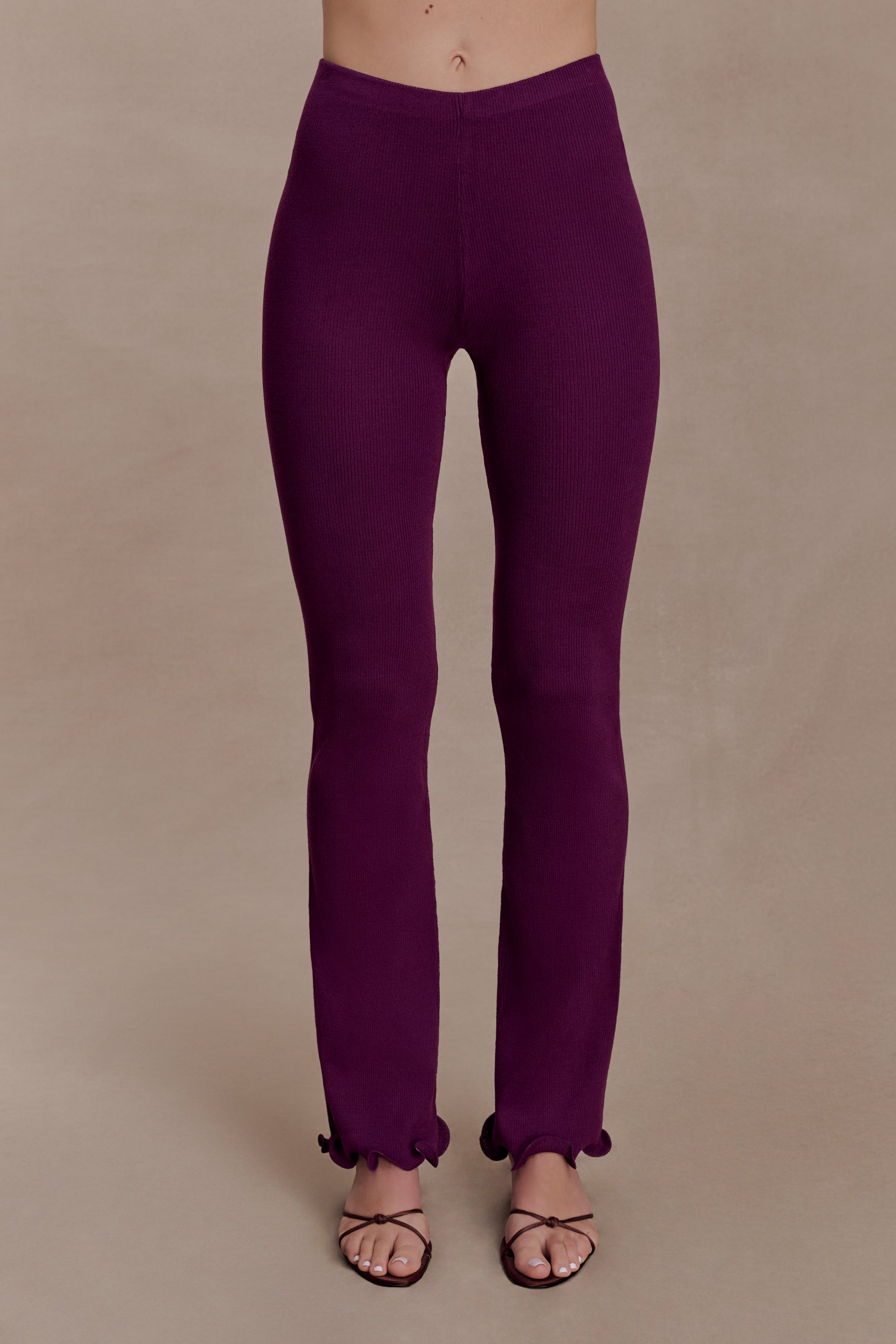 Diya Ribbed High Waisted Pants With Wire Hem - Plum #8